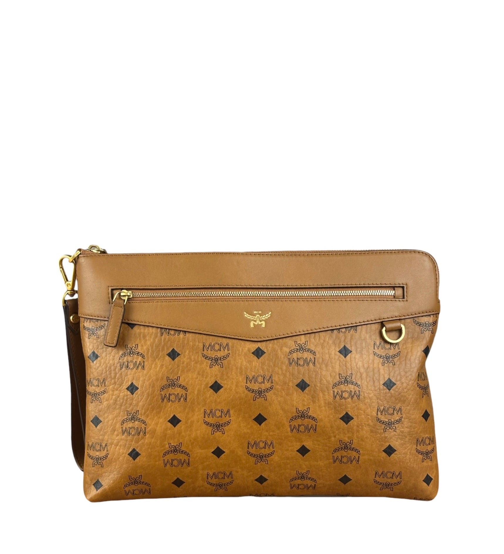 MCM Visetos Brown Leather Diamond Wristlet Flat Pouch