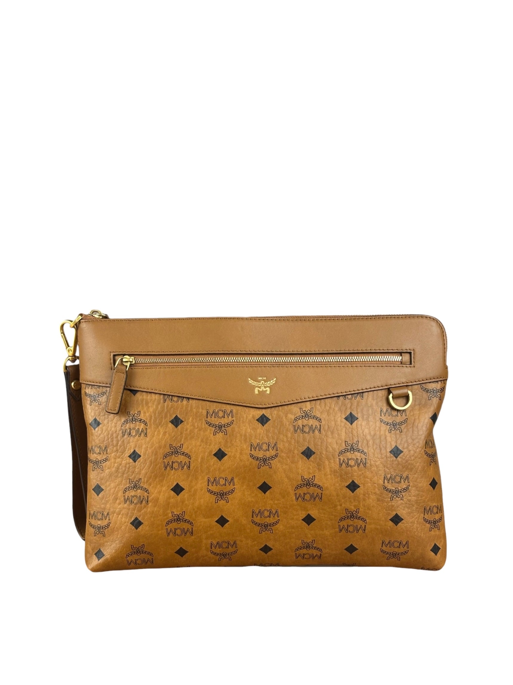 MCM Visetos Brown Leather Diamond Wristlet Flat Pouch