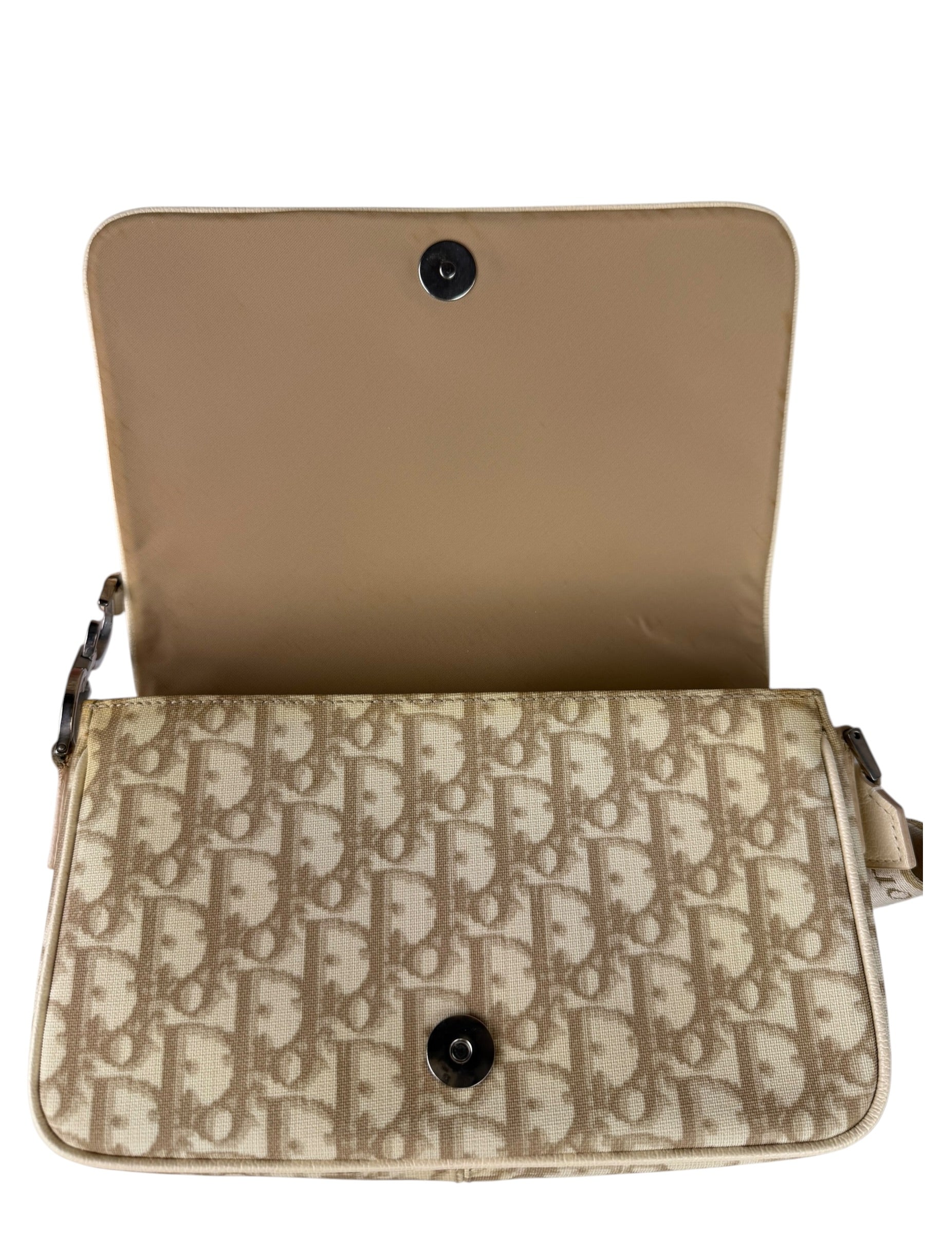 Christian Dior Beige Leather Trim Trotter Floral Embroidered Flap Bag
