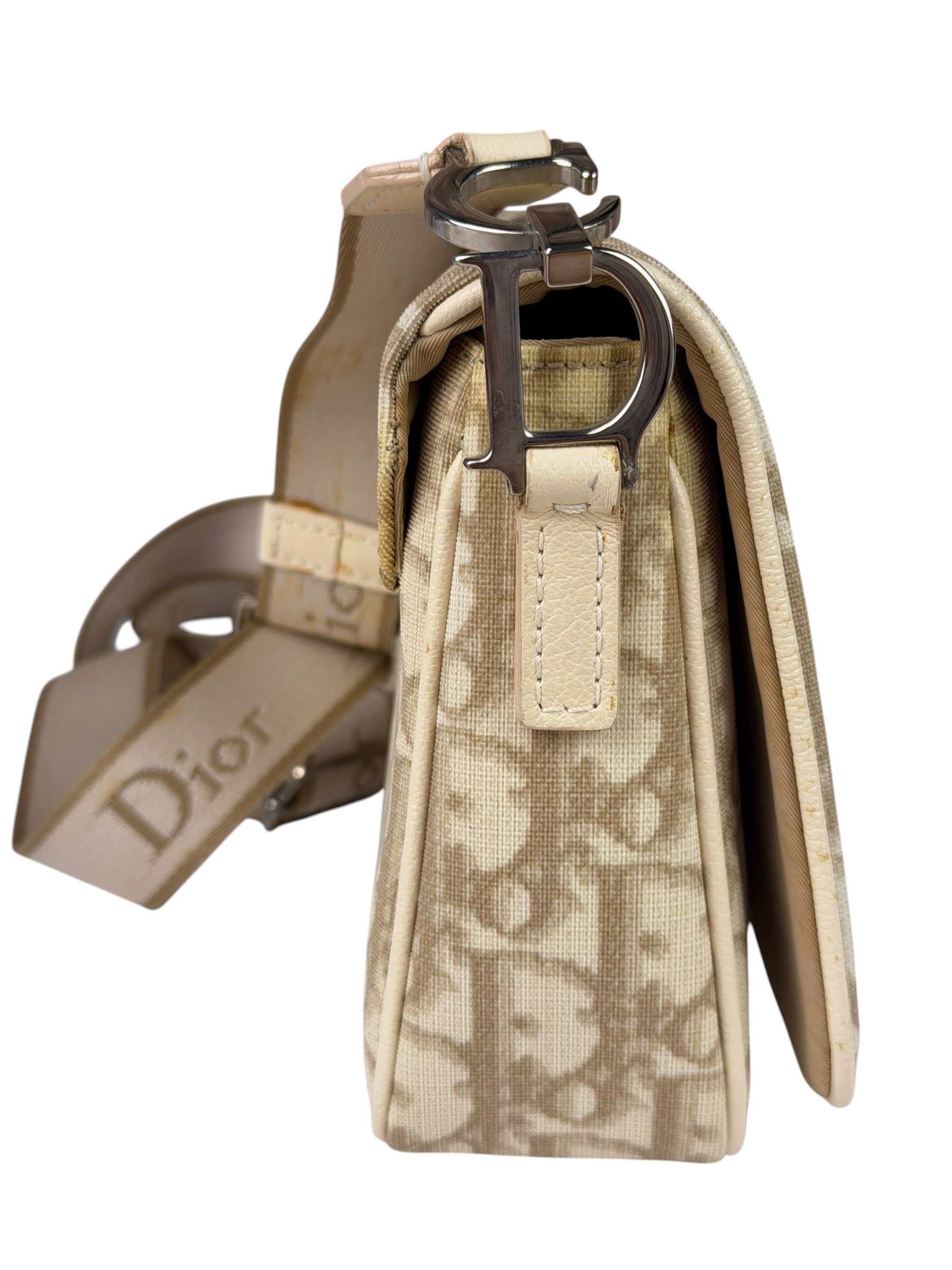 Christian Dior Beige Leather Trim Trotter Floral Embroidered Flap Bag