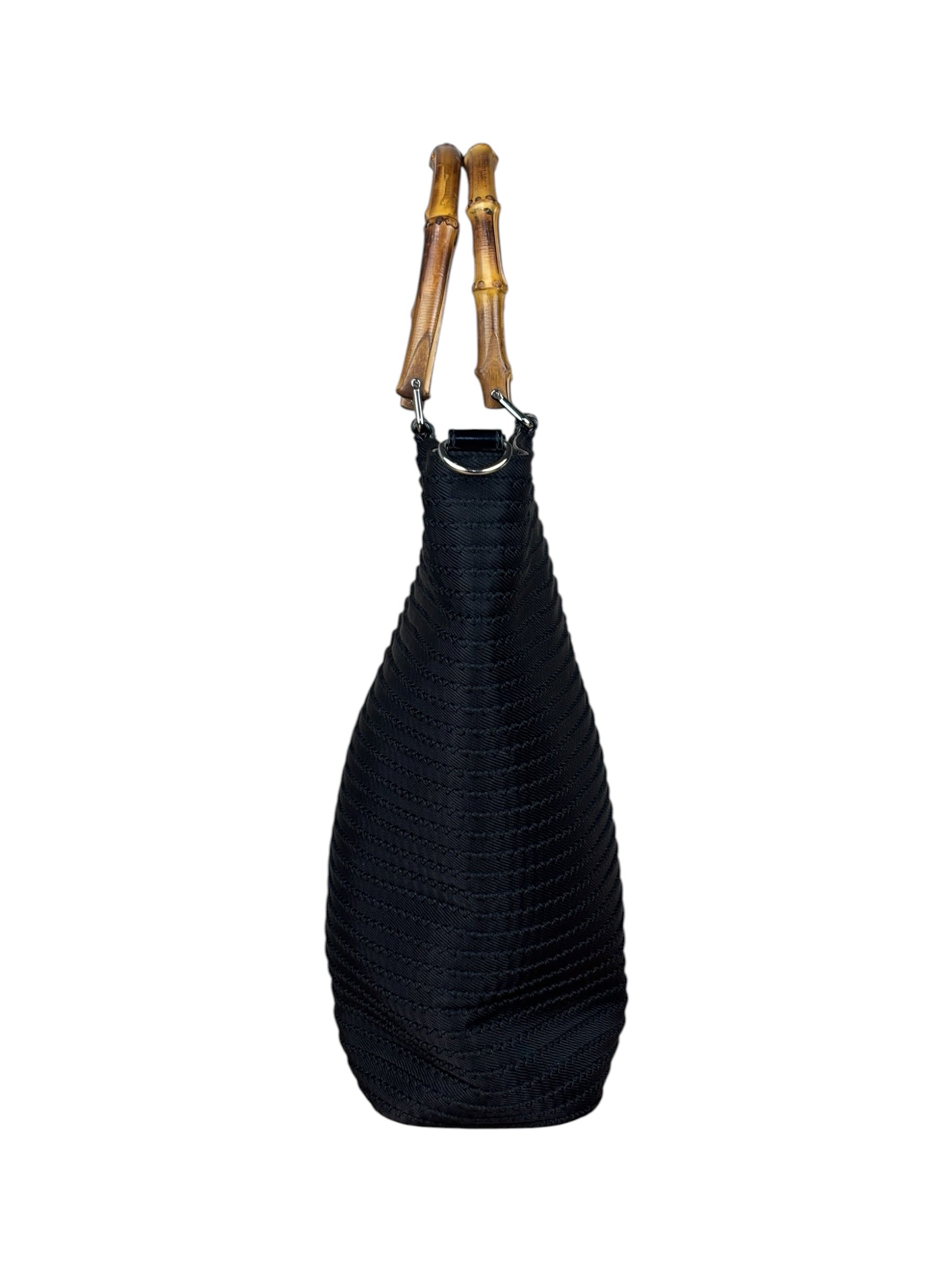 Gucci Vintage Black Ribbed Bamboo Top Handle Bag