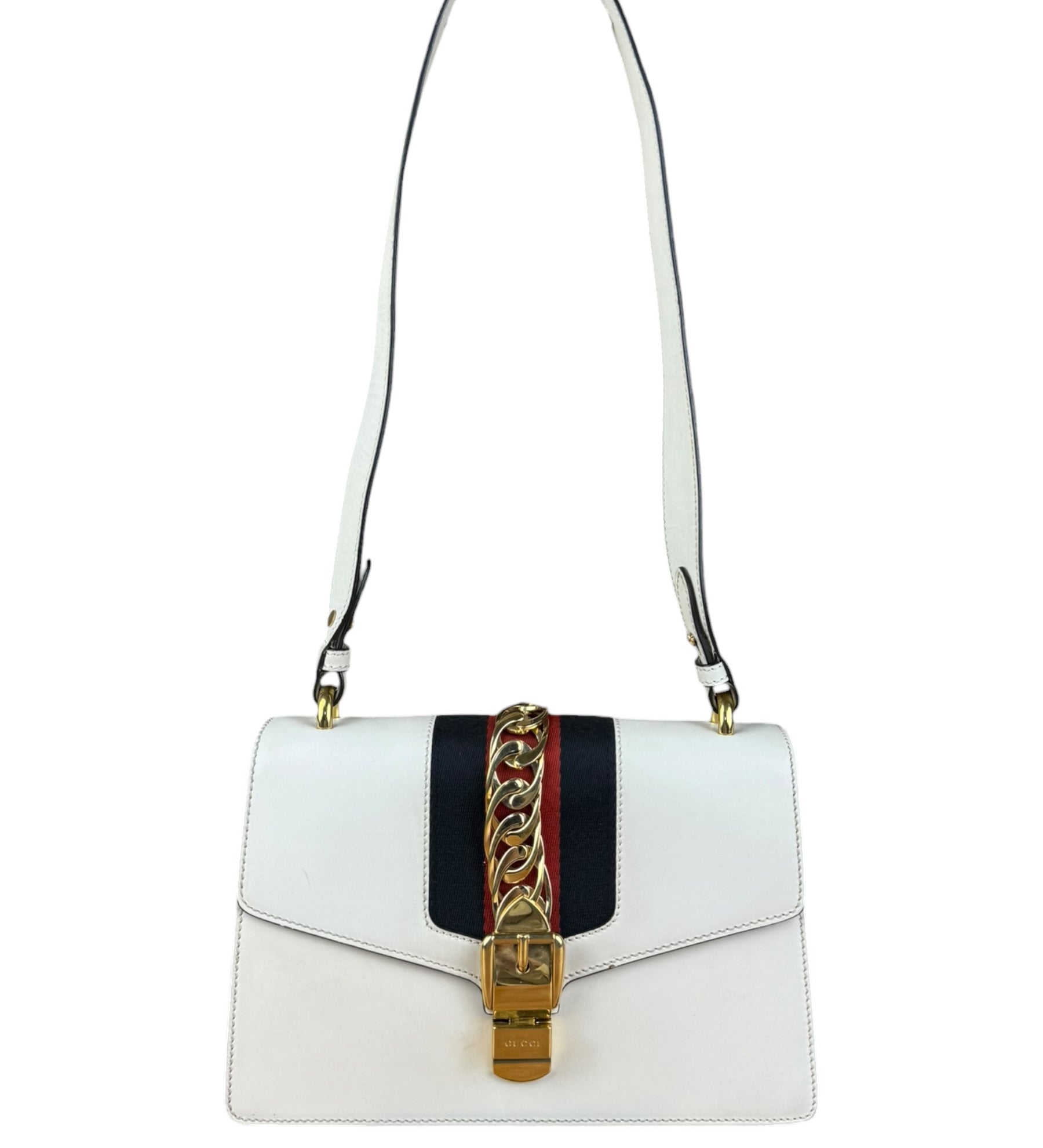 Gucci White Leather Sylvie Chain Shoulder Bag
