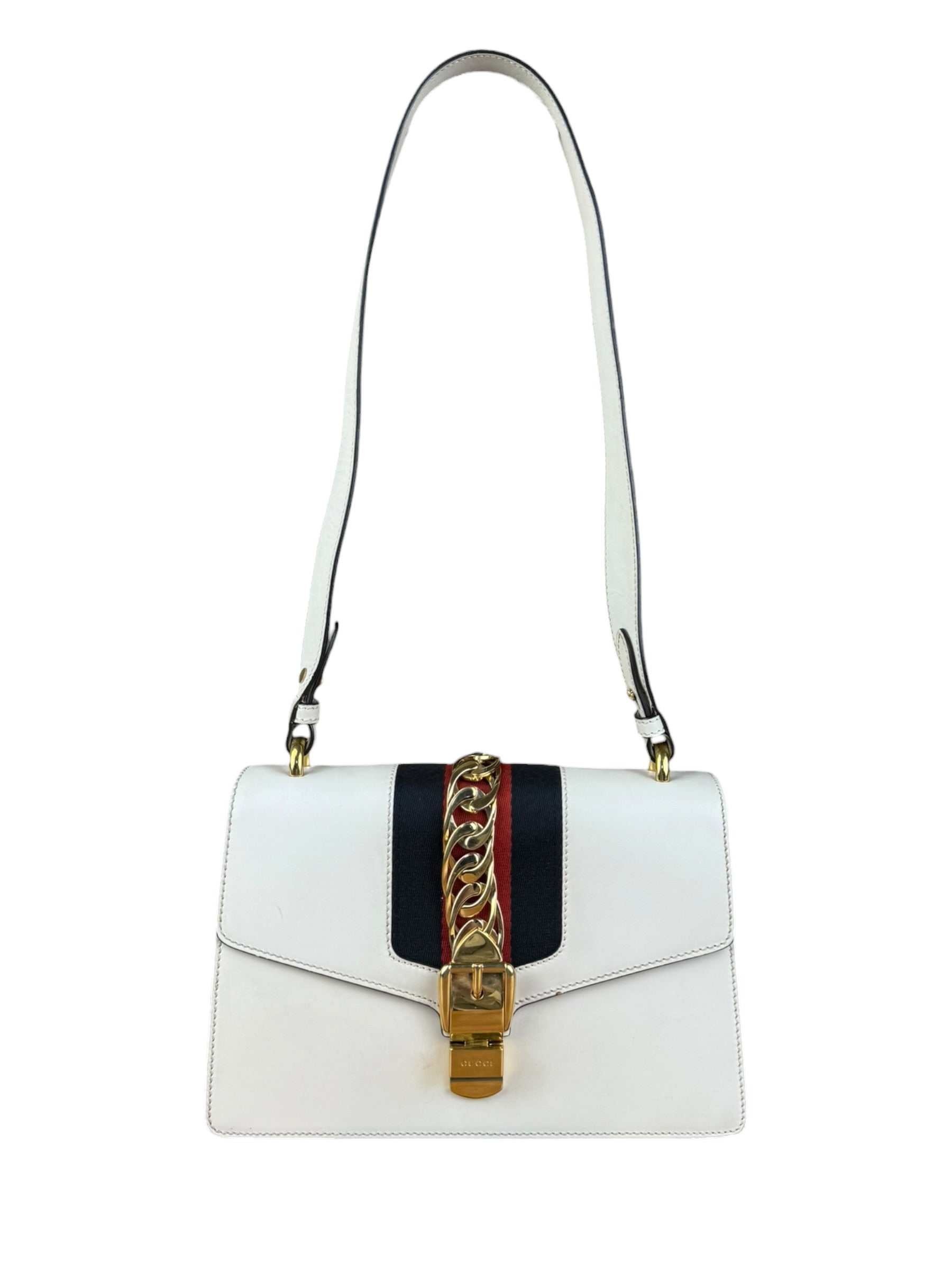 Gucci White Leather Sylvie Chain Shoulder Bag