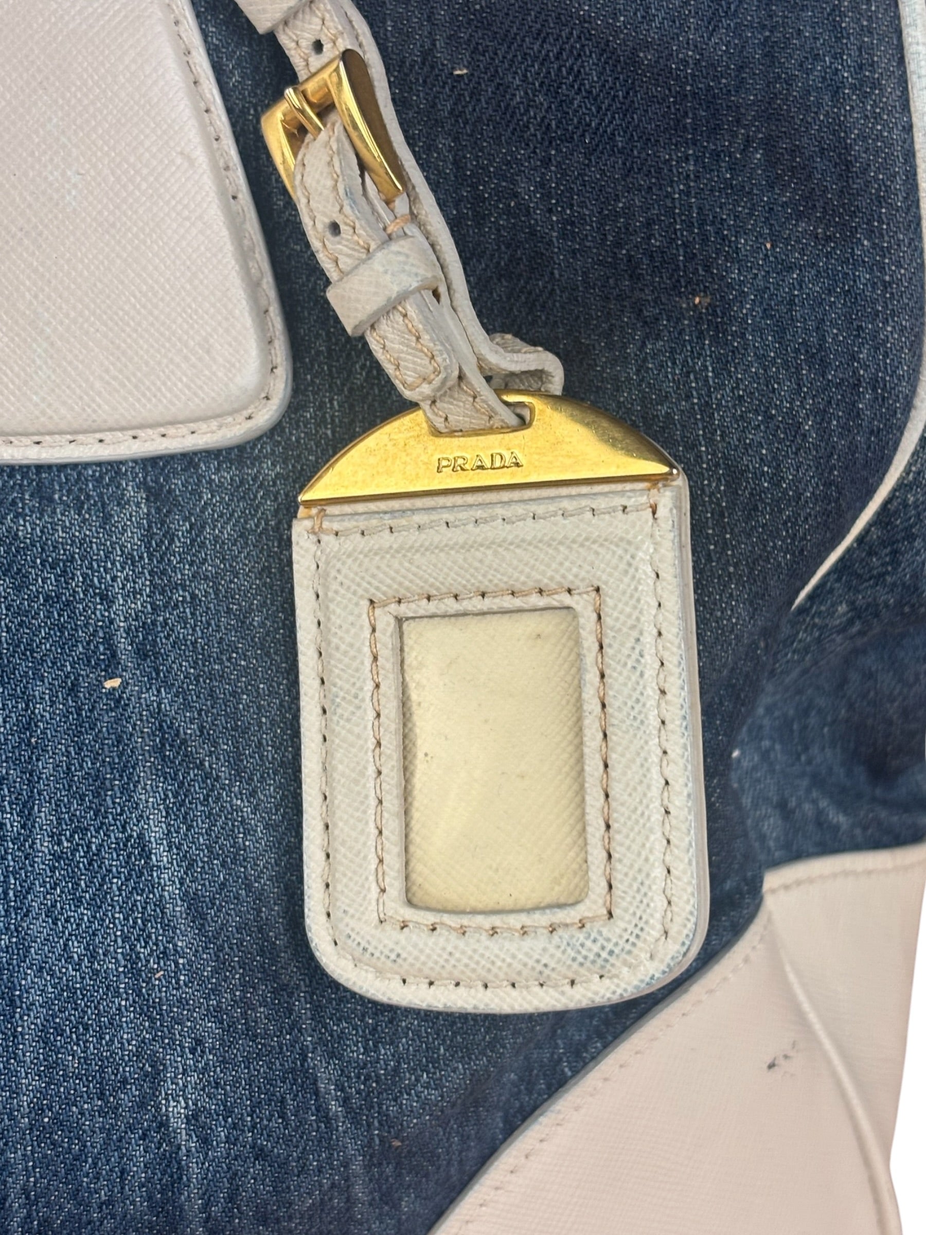 Prada Denim White Leather Trim Saffiano Handbag