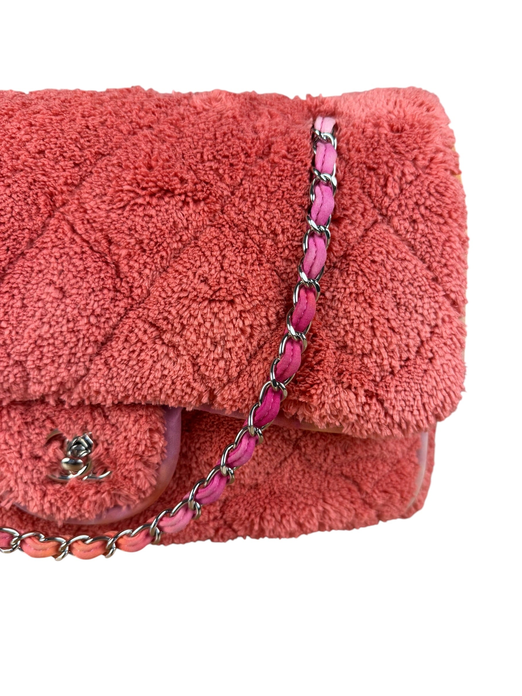 Chanel Coral Terry Cloth Quilted Jumbo Single Flap Shoulder Bag2020