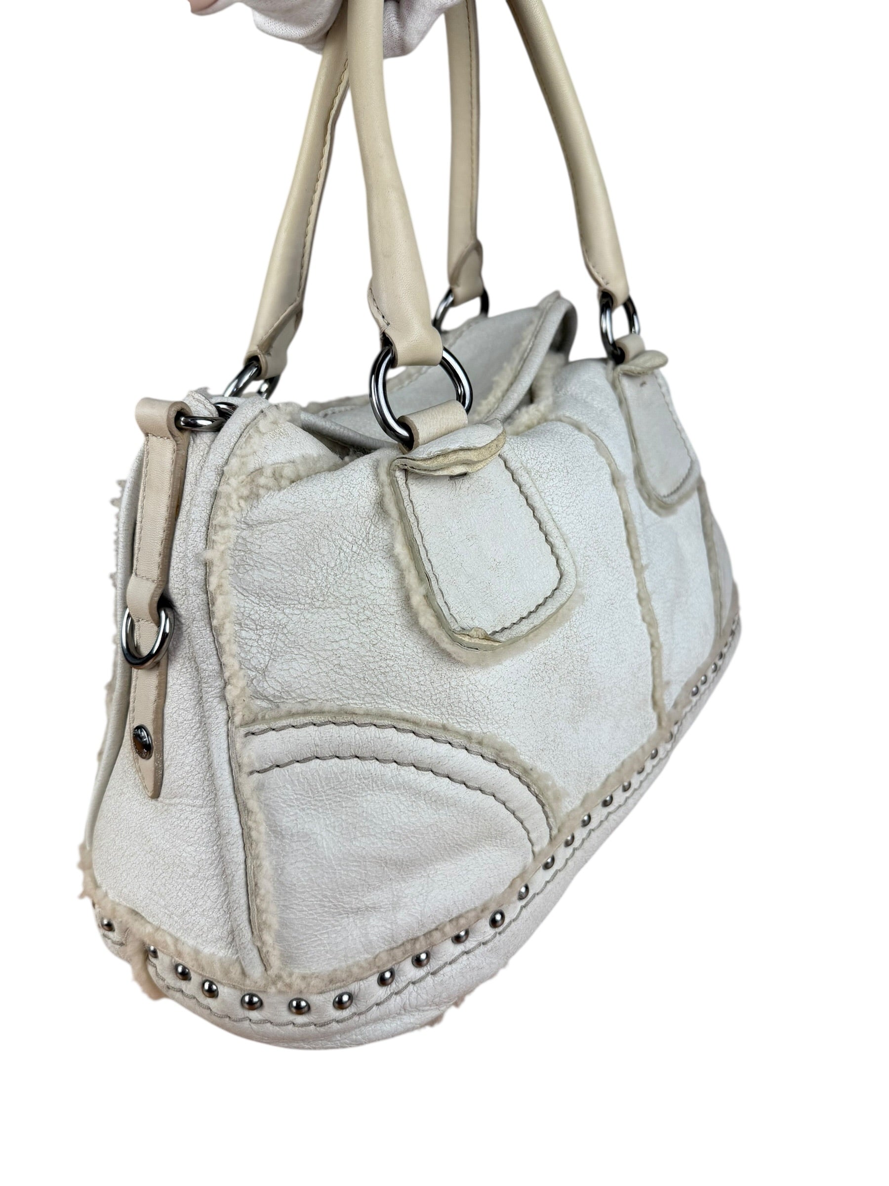Prada Vintage White Studded Leather Shearling Bowler 2Way Bag