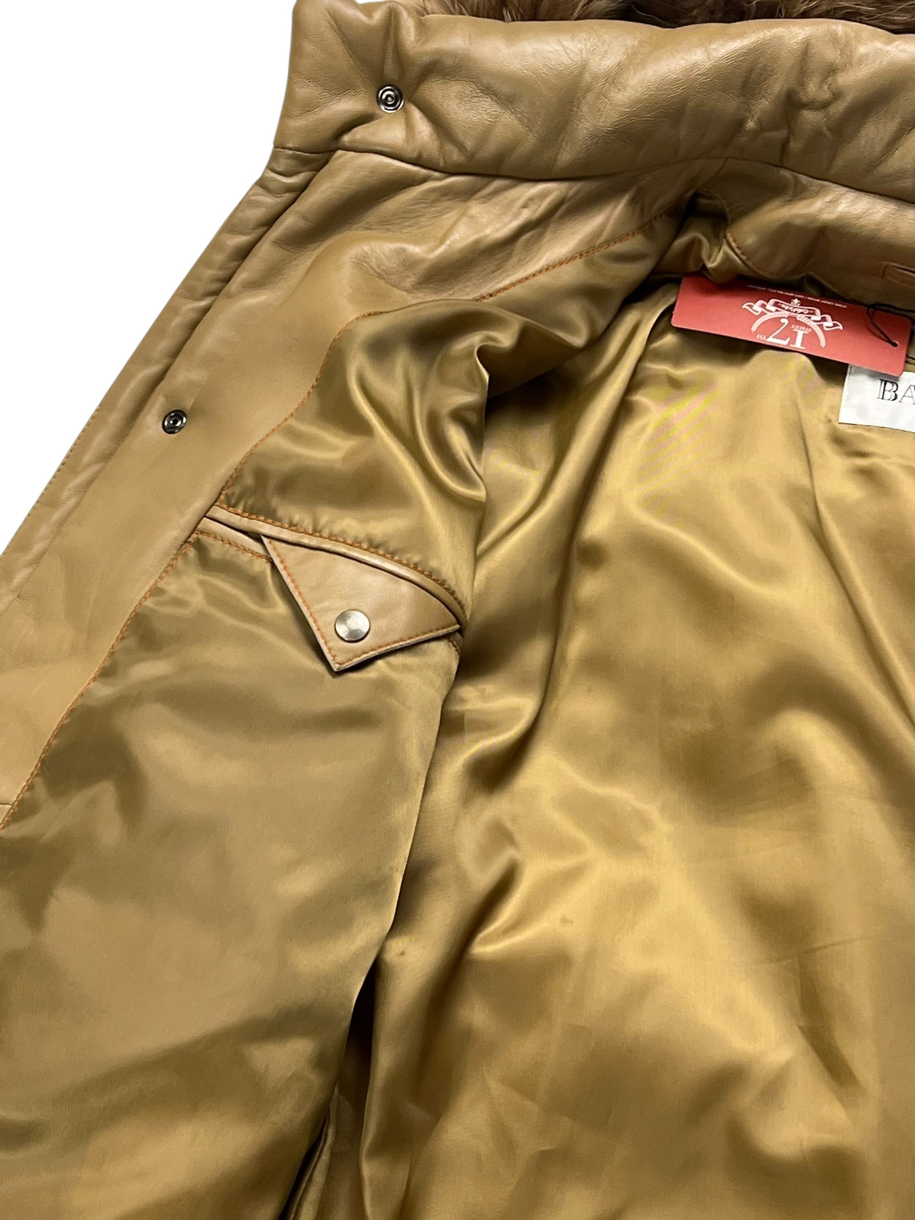 Balmain Beige Leather Puffer Fur Hooded Coat