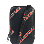 Balenciaga Black Leather Logo Print Phone/Card Holder