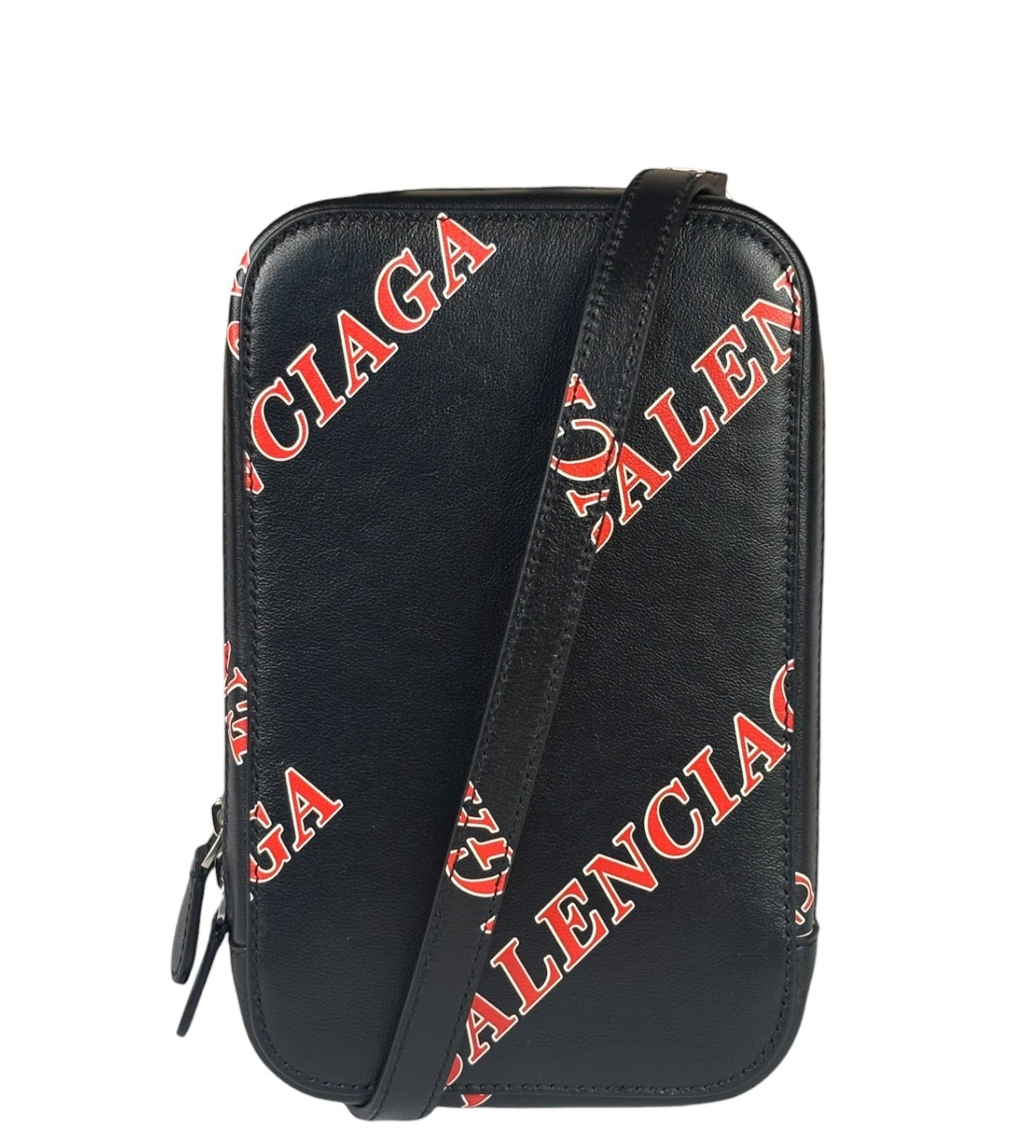 Balenciaga Black Leather Logo Print Phone/Card Holder