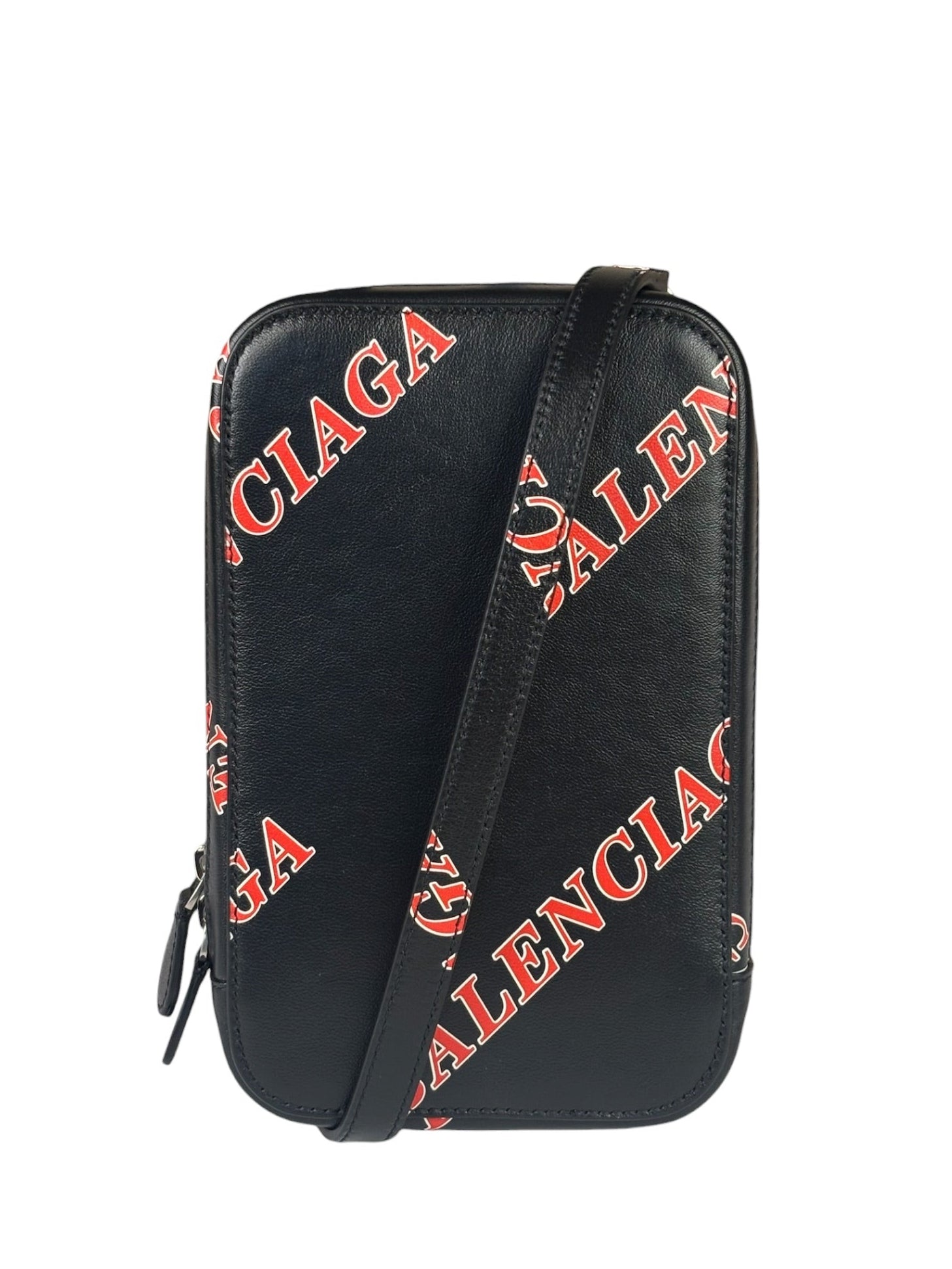 Balenciaga Black Leather Logo Print Phone/Card Holder