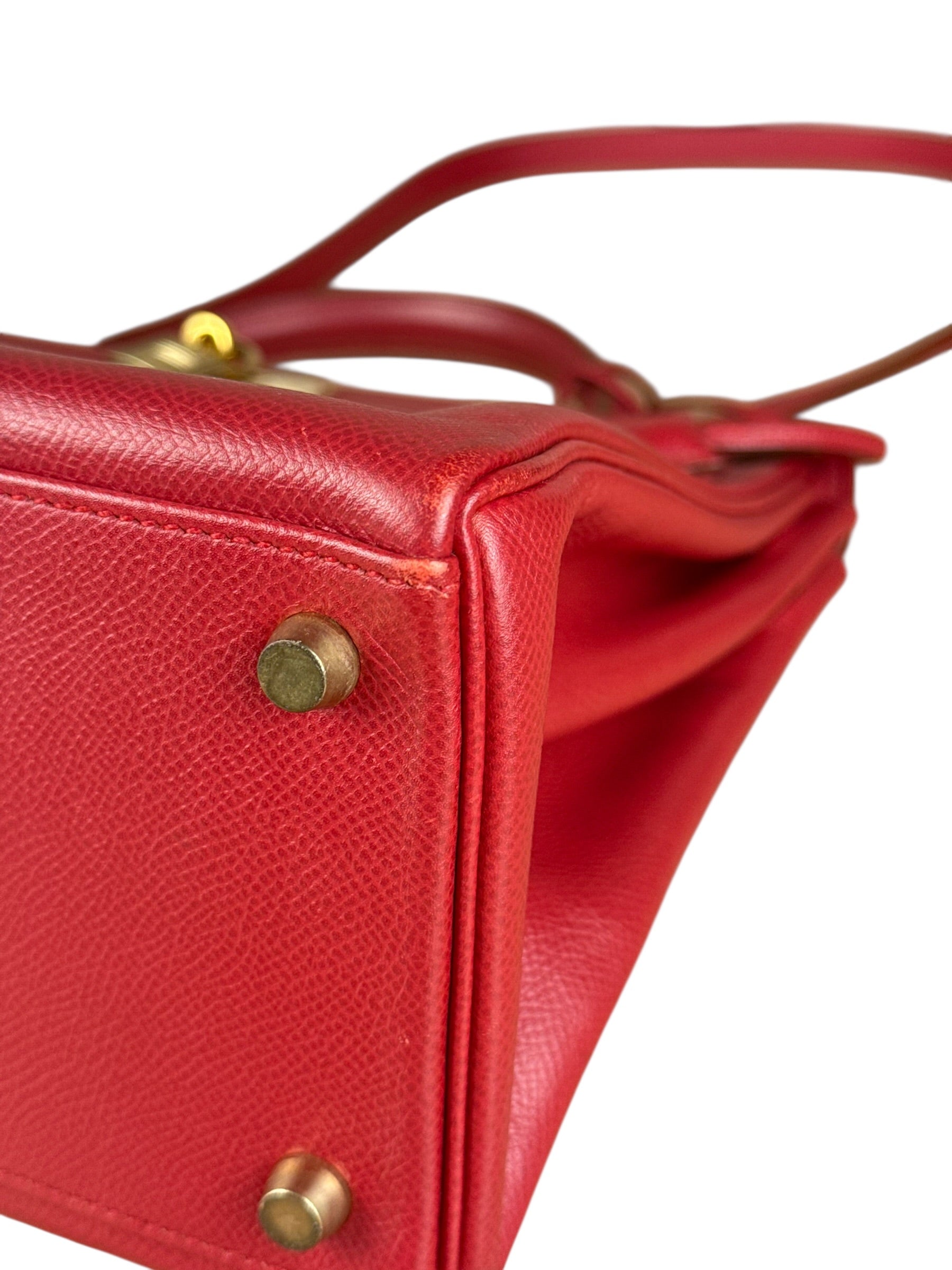 Hermes Kelly 32 Courchevel Rouge Vif Gold Handbag 1997
