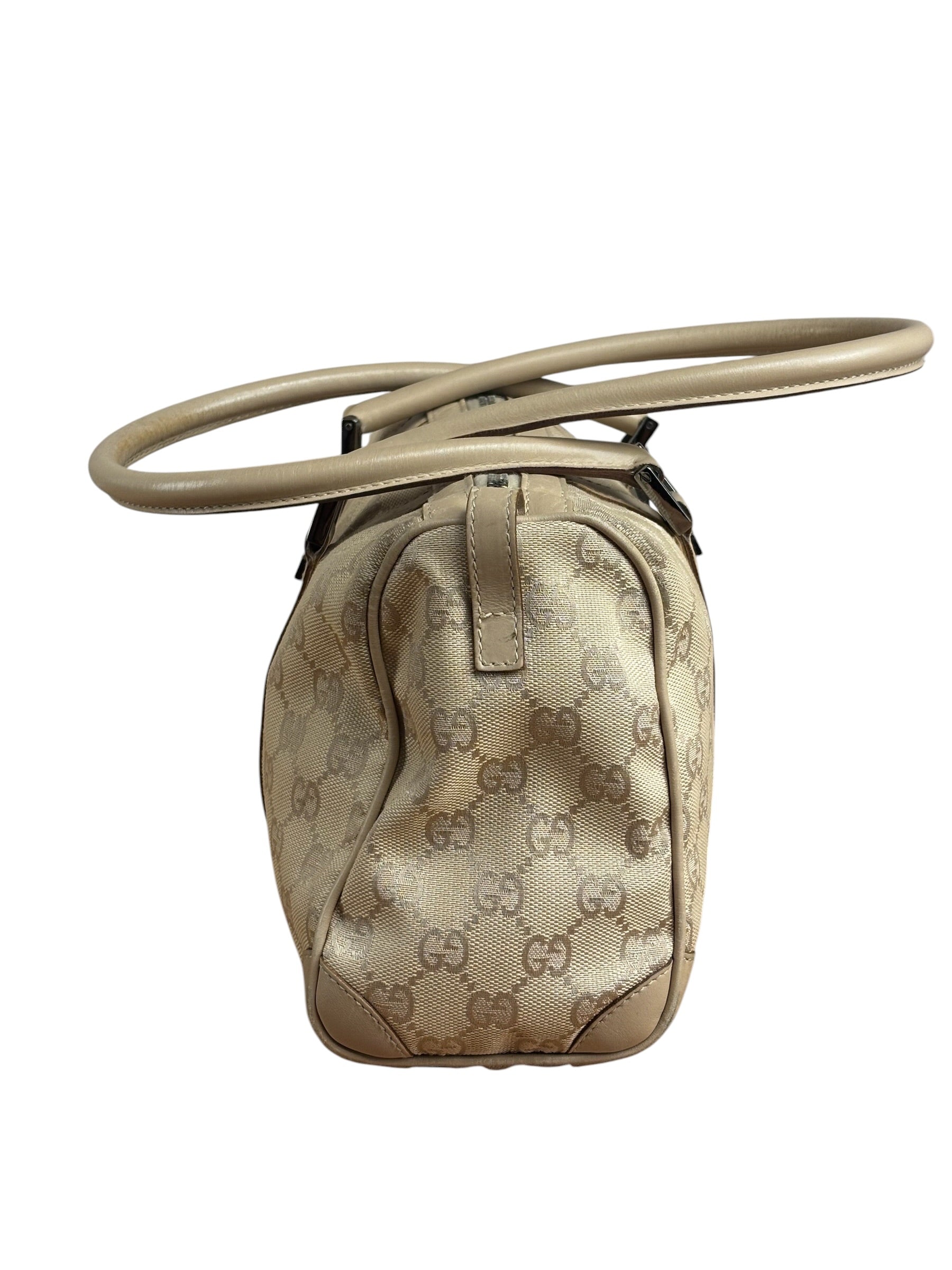 Gucci GG Beige Leather Trim Guccissima Small Boston Bag