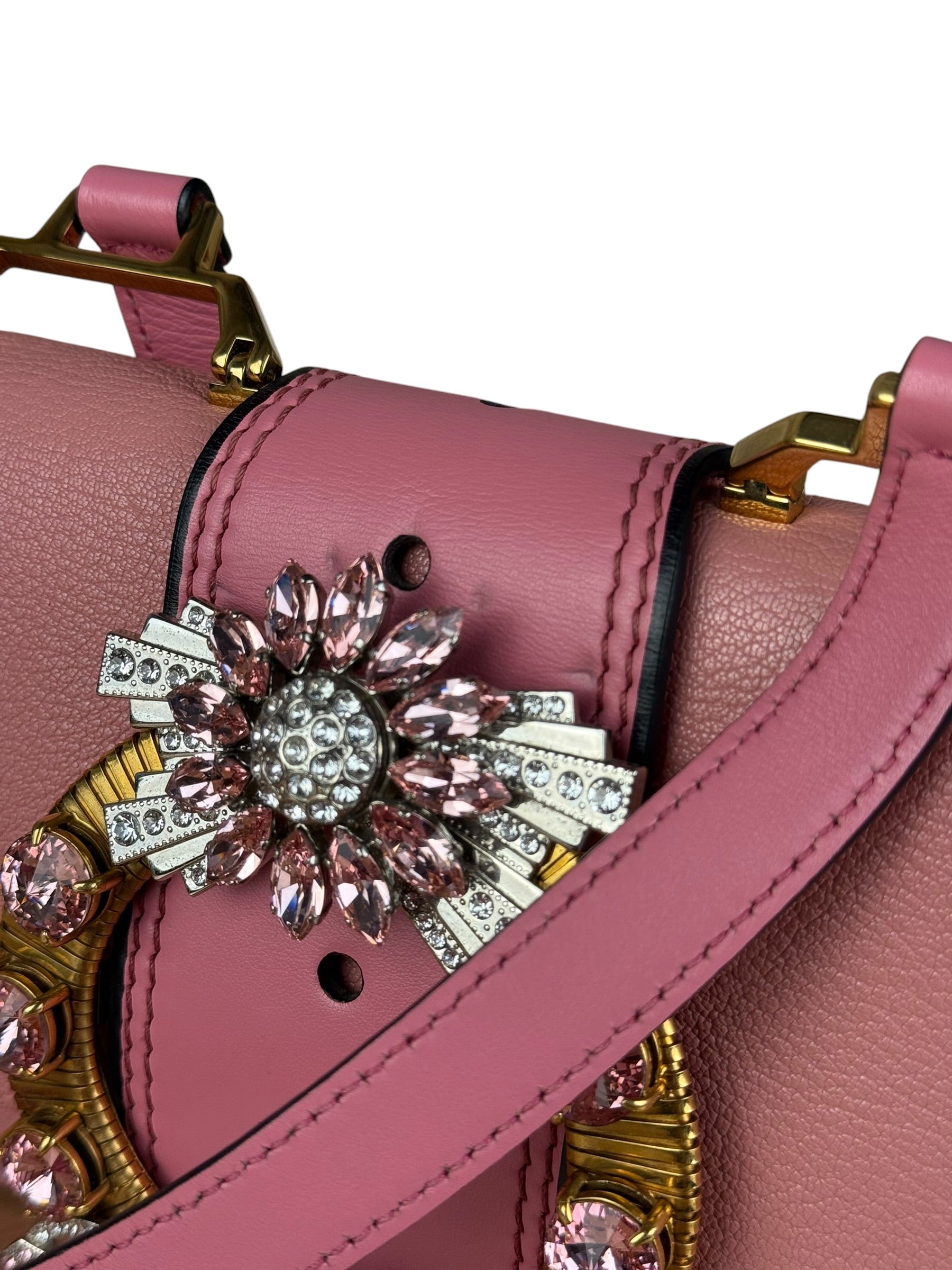 Miu Miu Pink Leather Madras Crystal Embellished Shoulder Bag