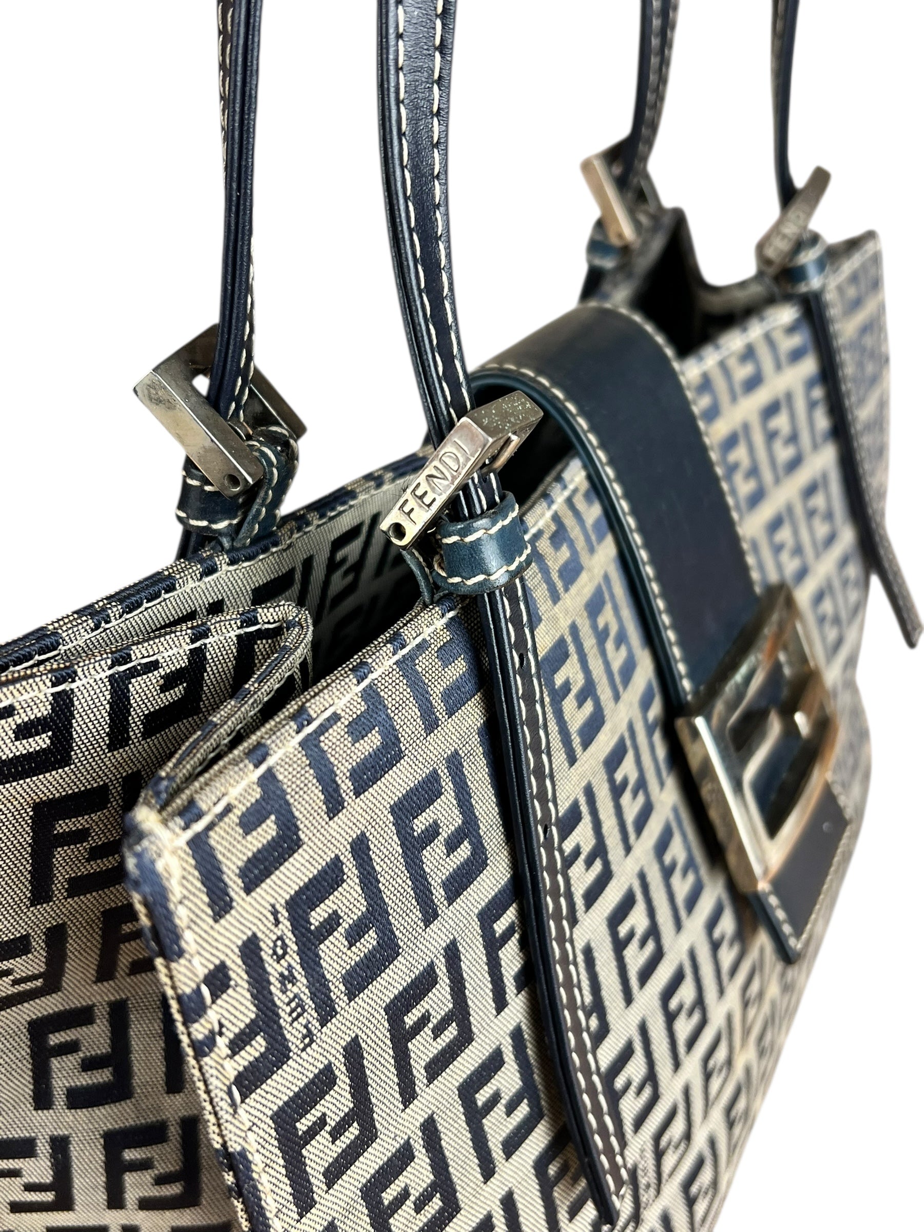 Fendi FF Buckle Navy Zucca Tote Handbag