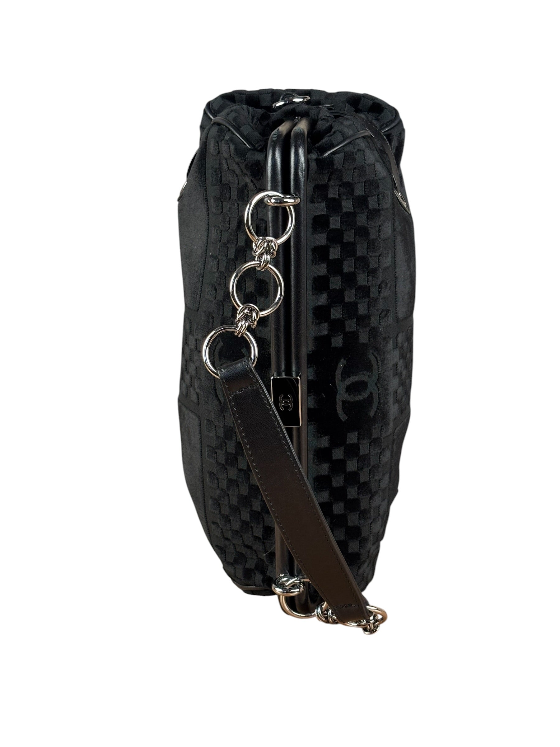 Chanel Black Velvet Leather Trim Kiss-Lock Two-Way Bag 2006