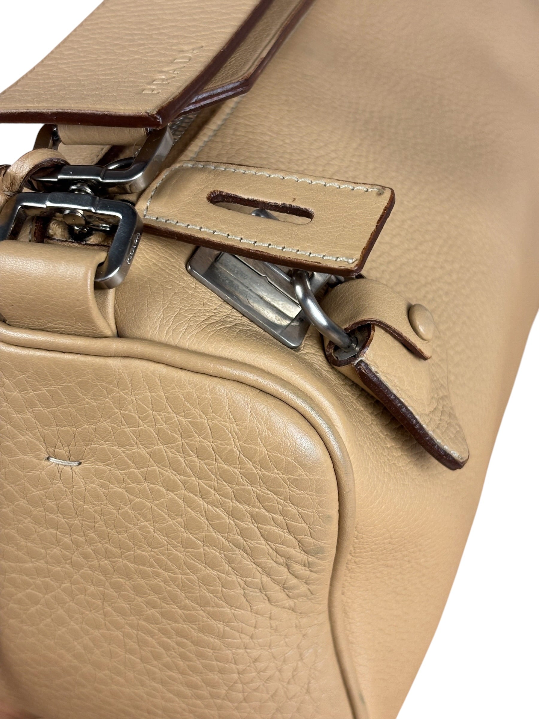 Prada Beige Leather Vitello Daino Buckle Shoulder Bag