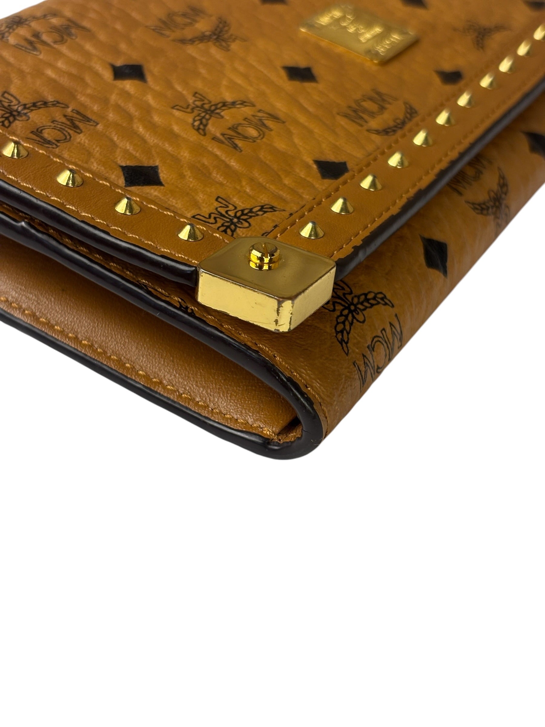 MCM Brown Leather Monogram Studded Long Wallet On Chain