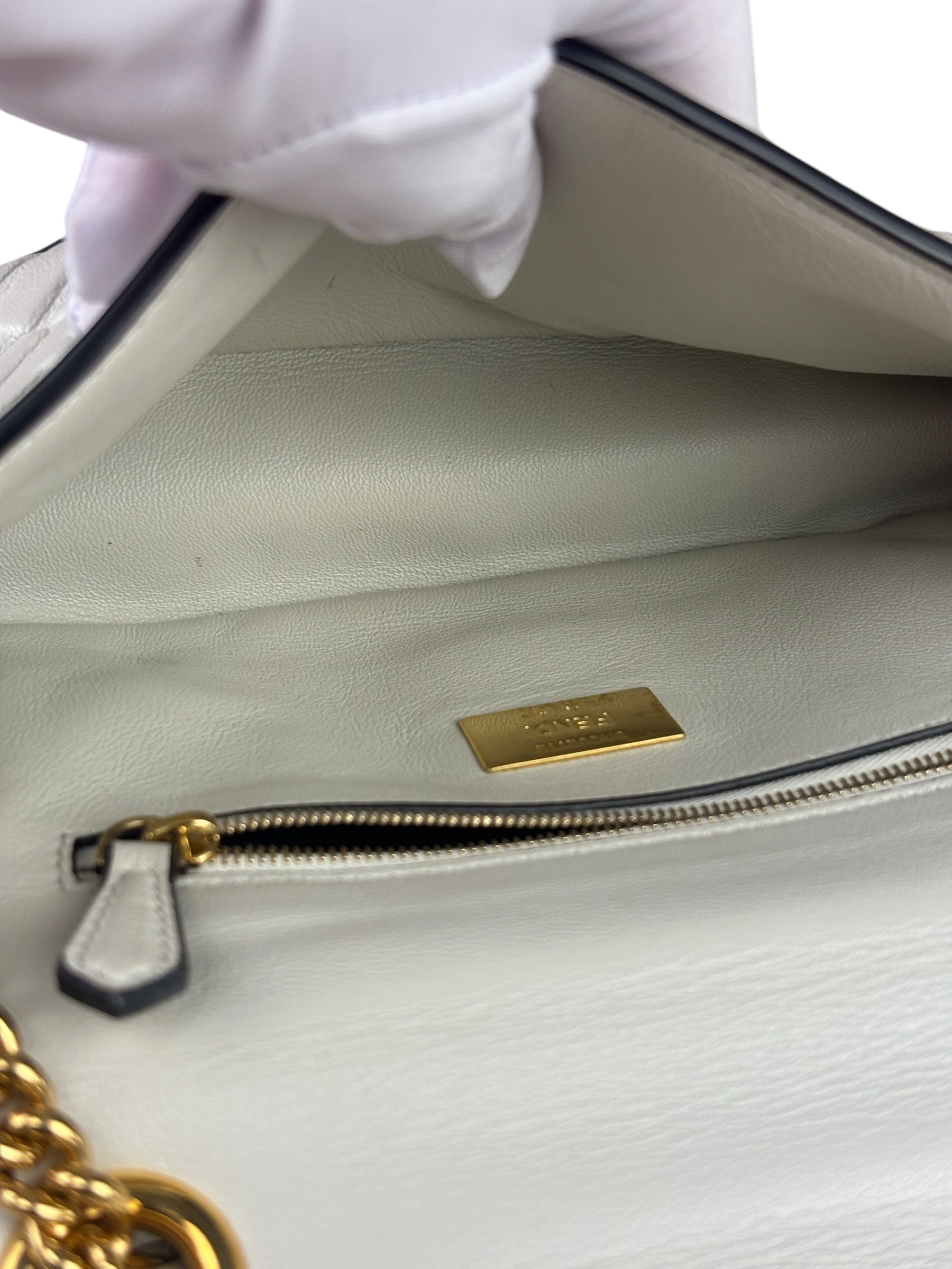Fendi White Leather FF Flap Baguette