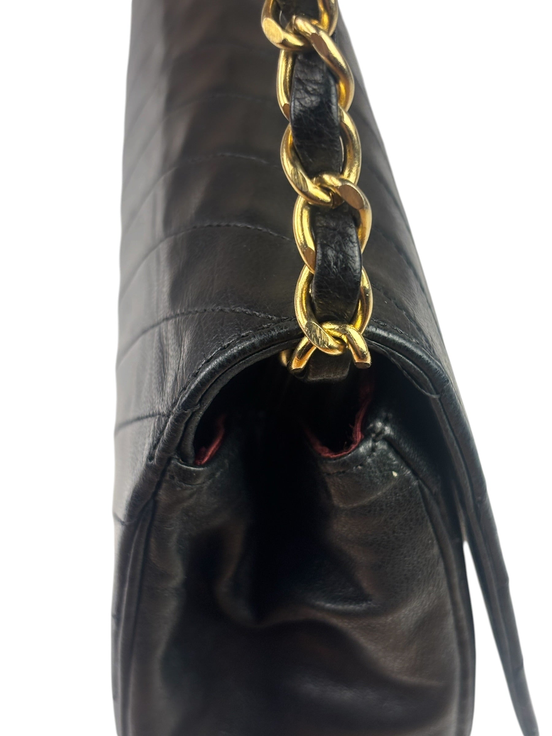 Chanel Vintage Black Leather Timeless Diagonal Stitch Flap Bag 1986