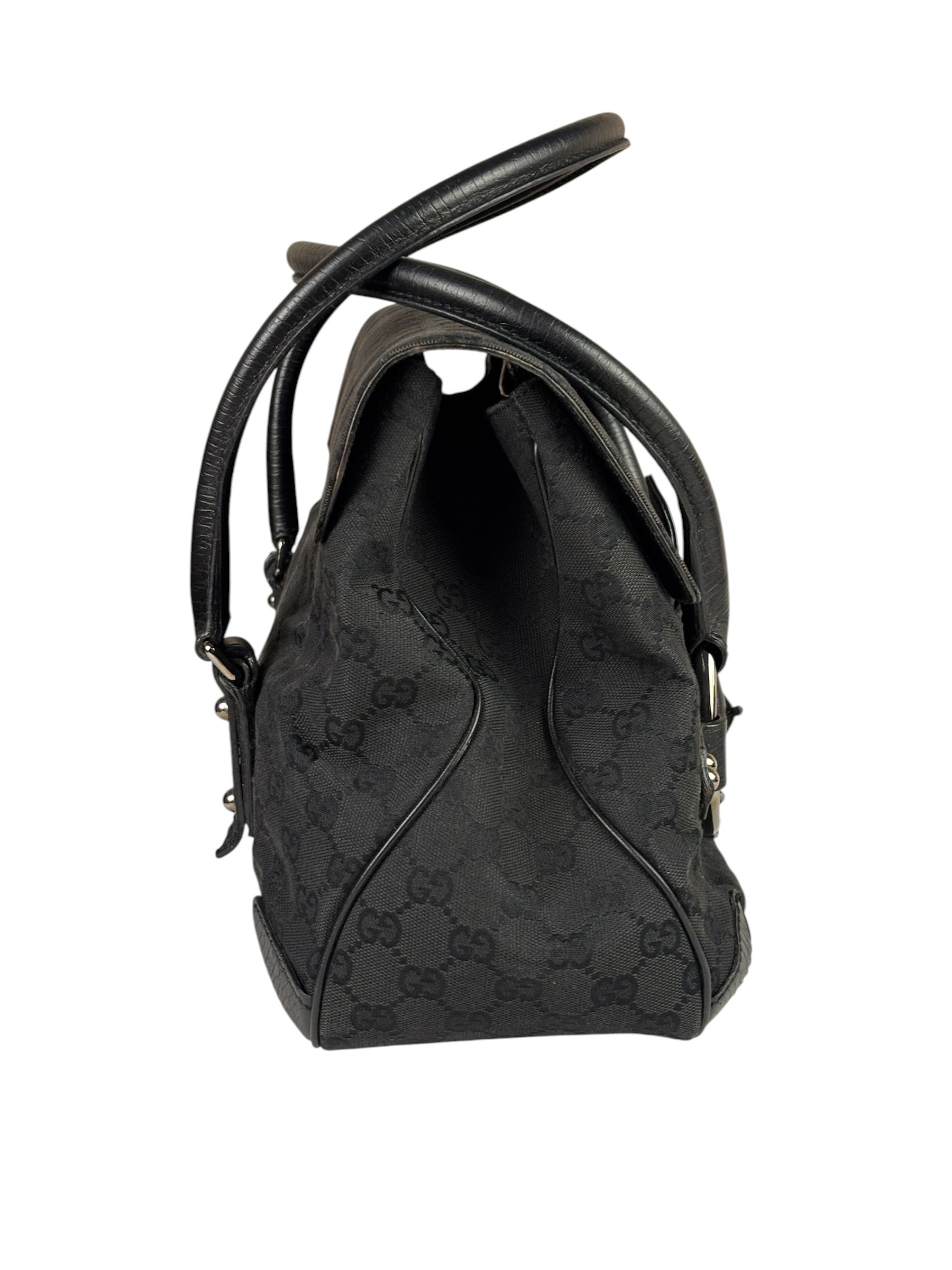 Gucci Black Leather Trim GG Horsebit Shoulder Bag