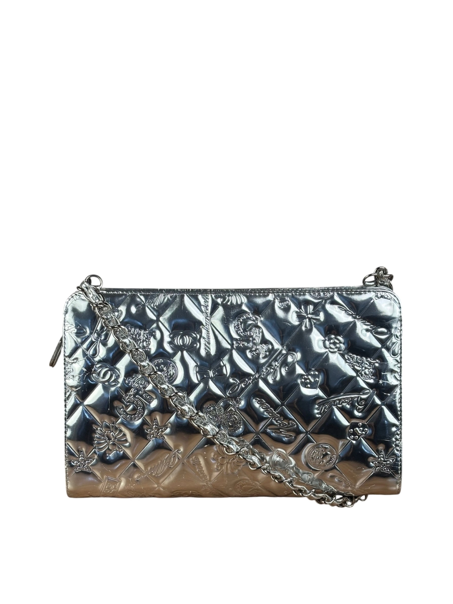 Chanel Metallic Silver Patent Leather Lucky Symbols Embossed Pochette 2007