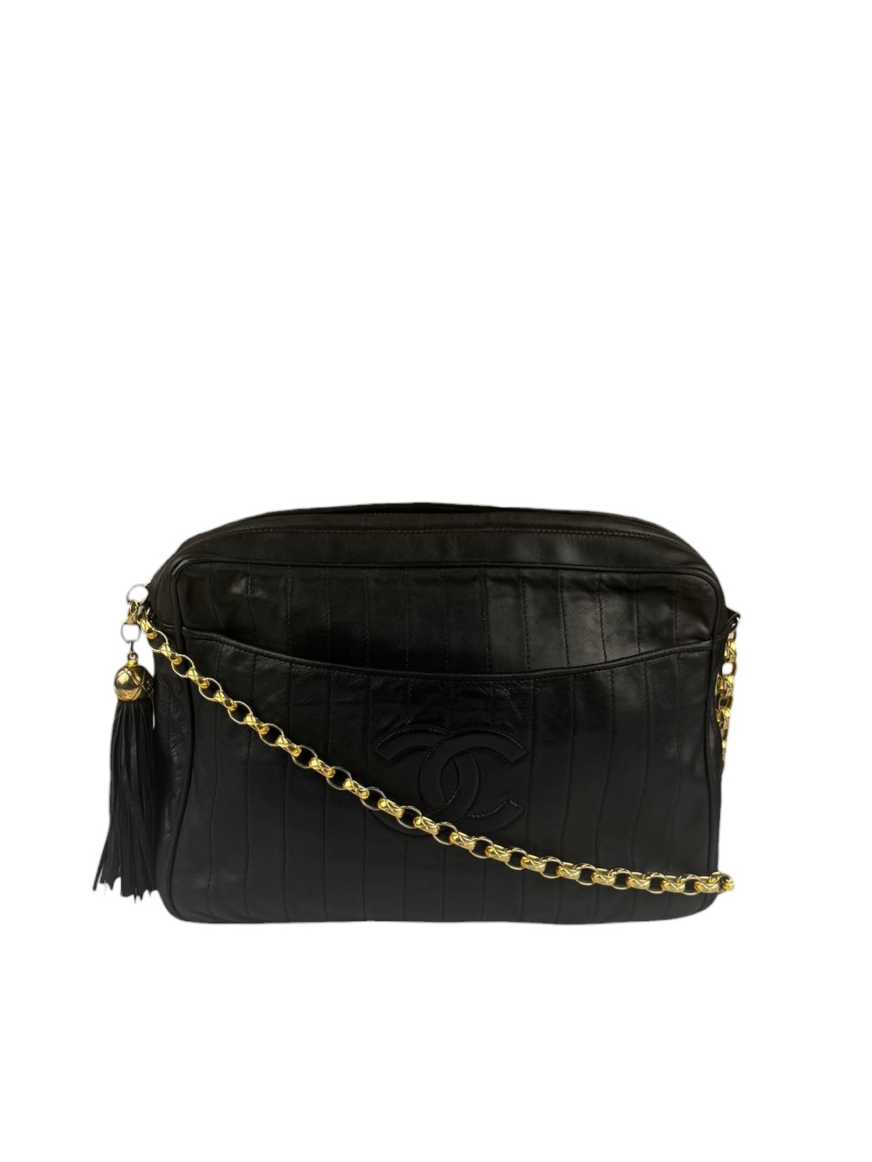 Chanel Vintage Black Leather Mademoiselle Vertical Quilted Shoulder Bag 1990's