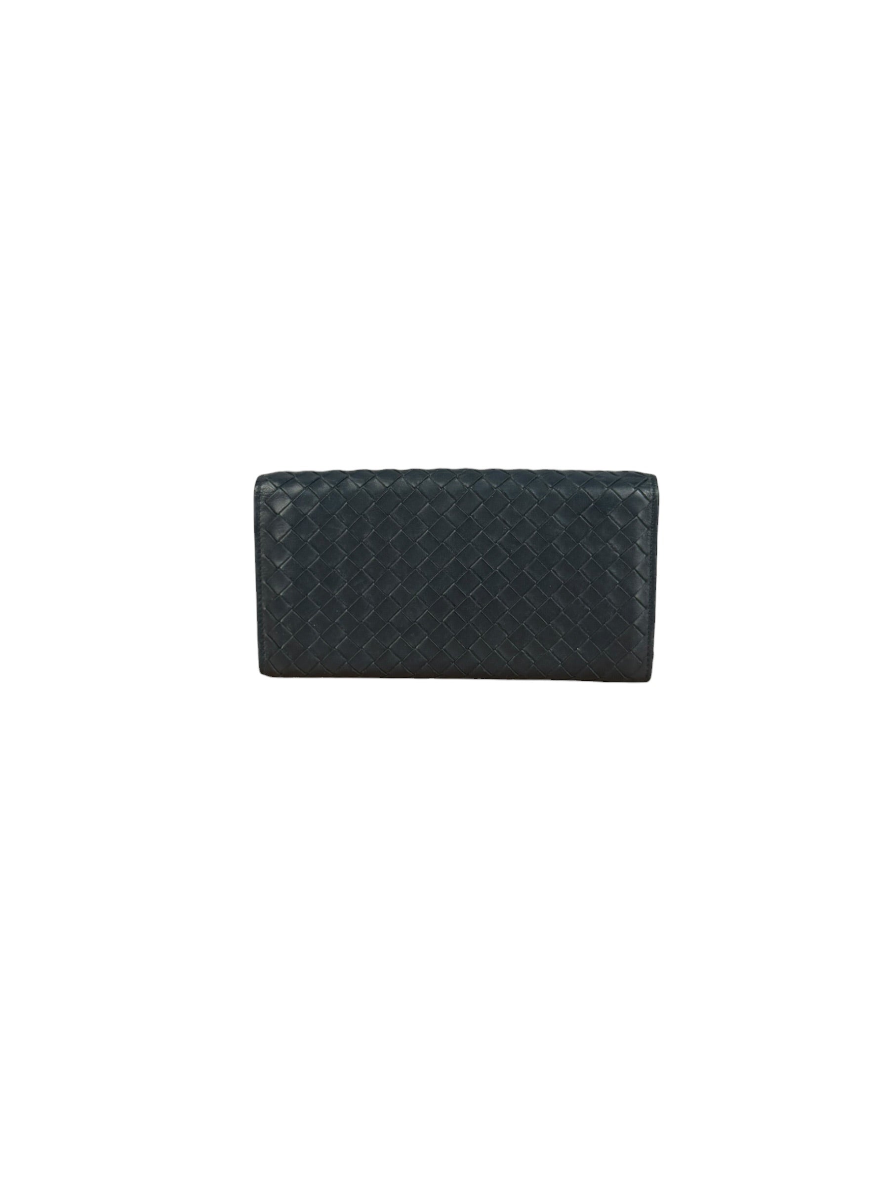 Bottega Veneta Navy Blue Intrecciato Long Wallet