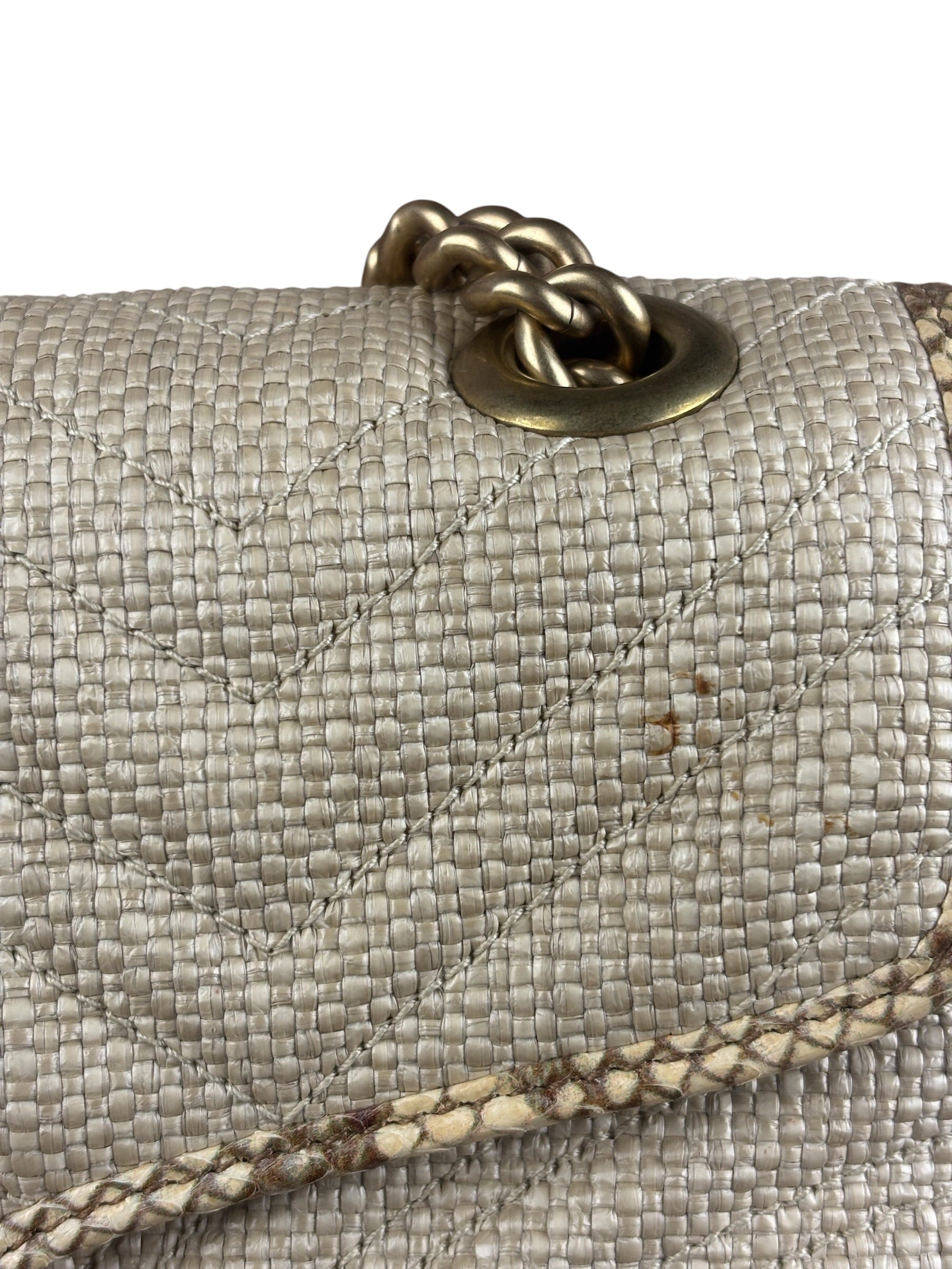 Gucci GG Beige Raffia Marmont Snakeskin Trim Flap Bag