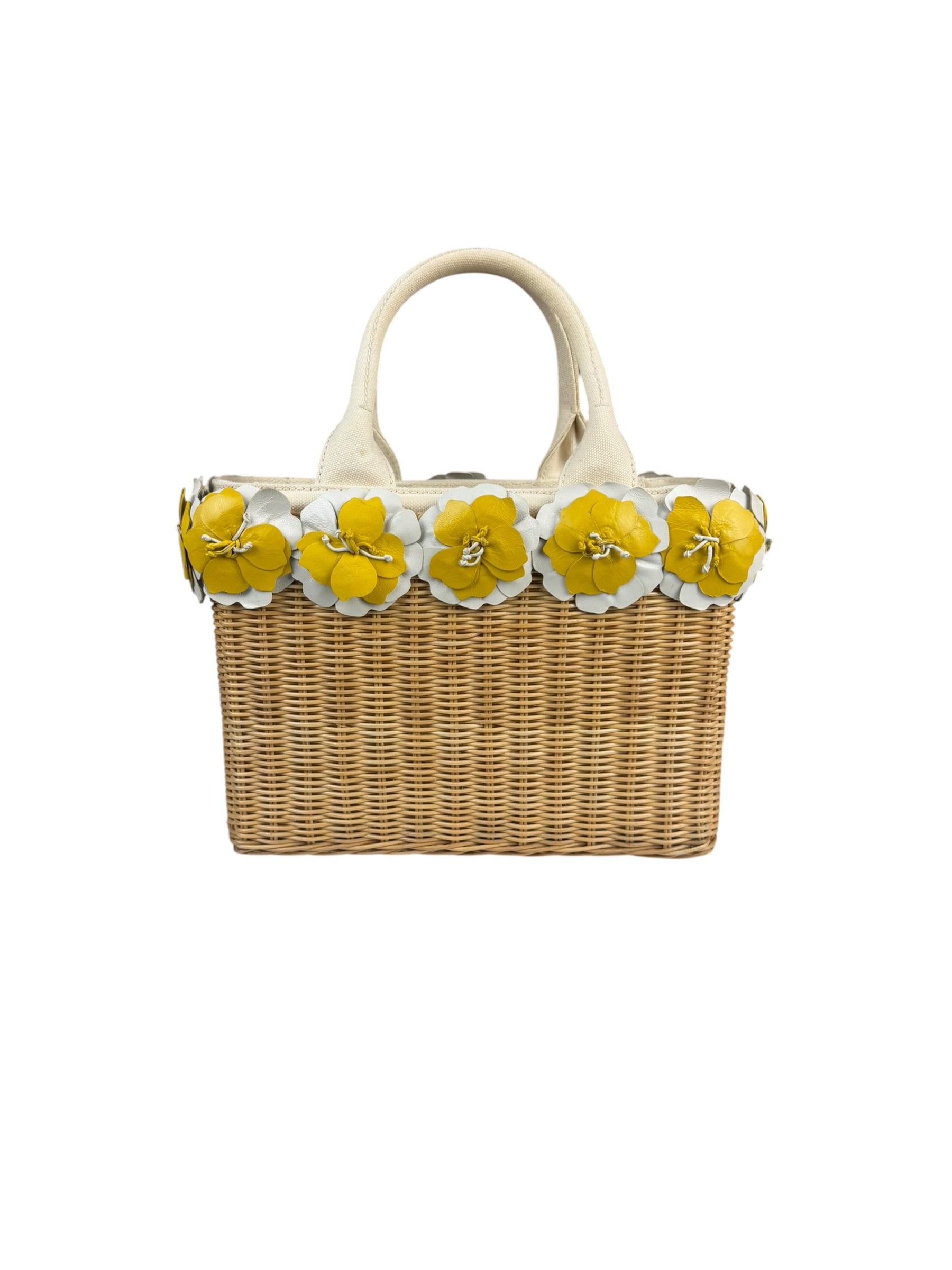 Prada Midollino Leather Trim Wicker Canvas Flower Basket