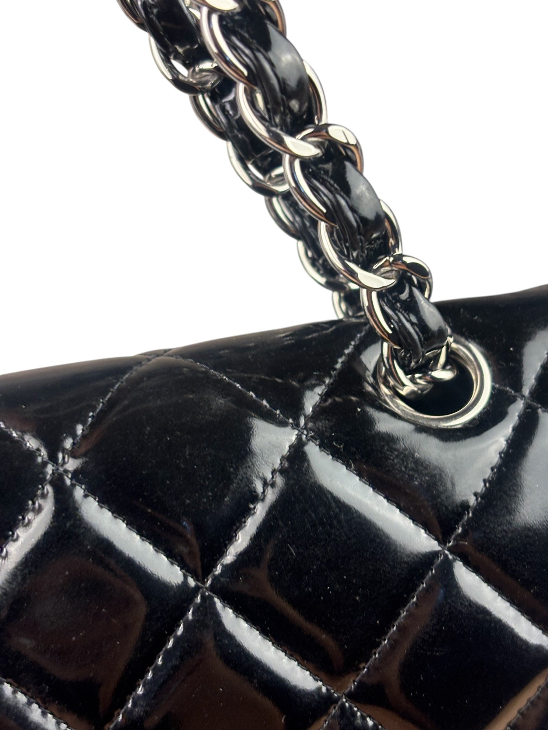 Chanel Black Patent Leather Quilted Leather Double Flap Jumbo Bag 2012