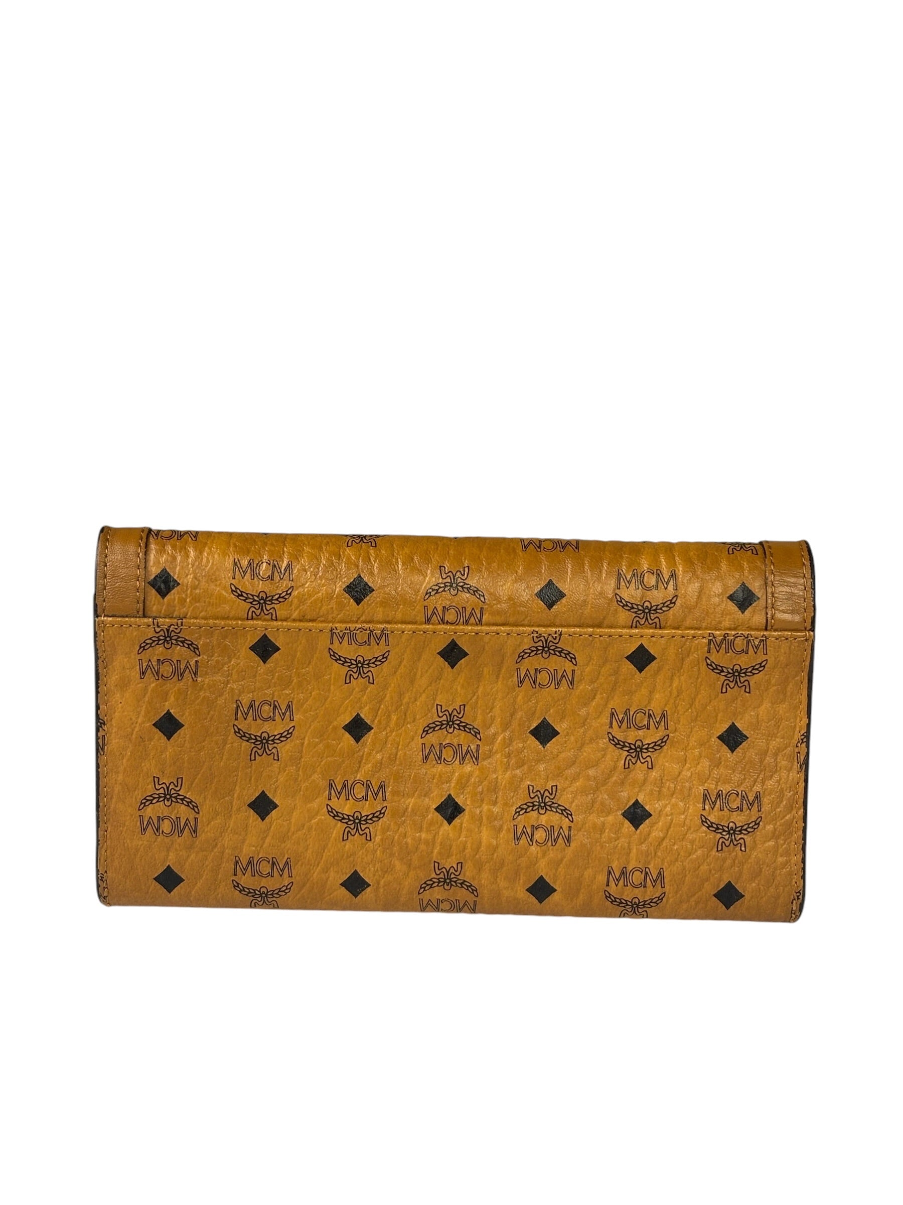 MCM Brown Leather Monogram Studded Long Wallet On Chain