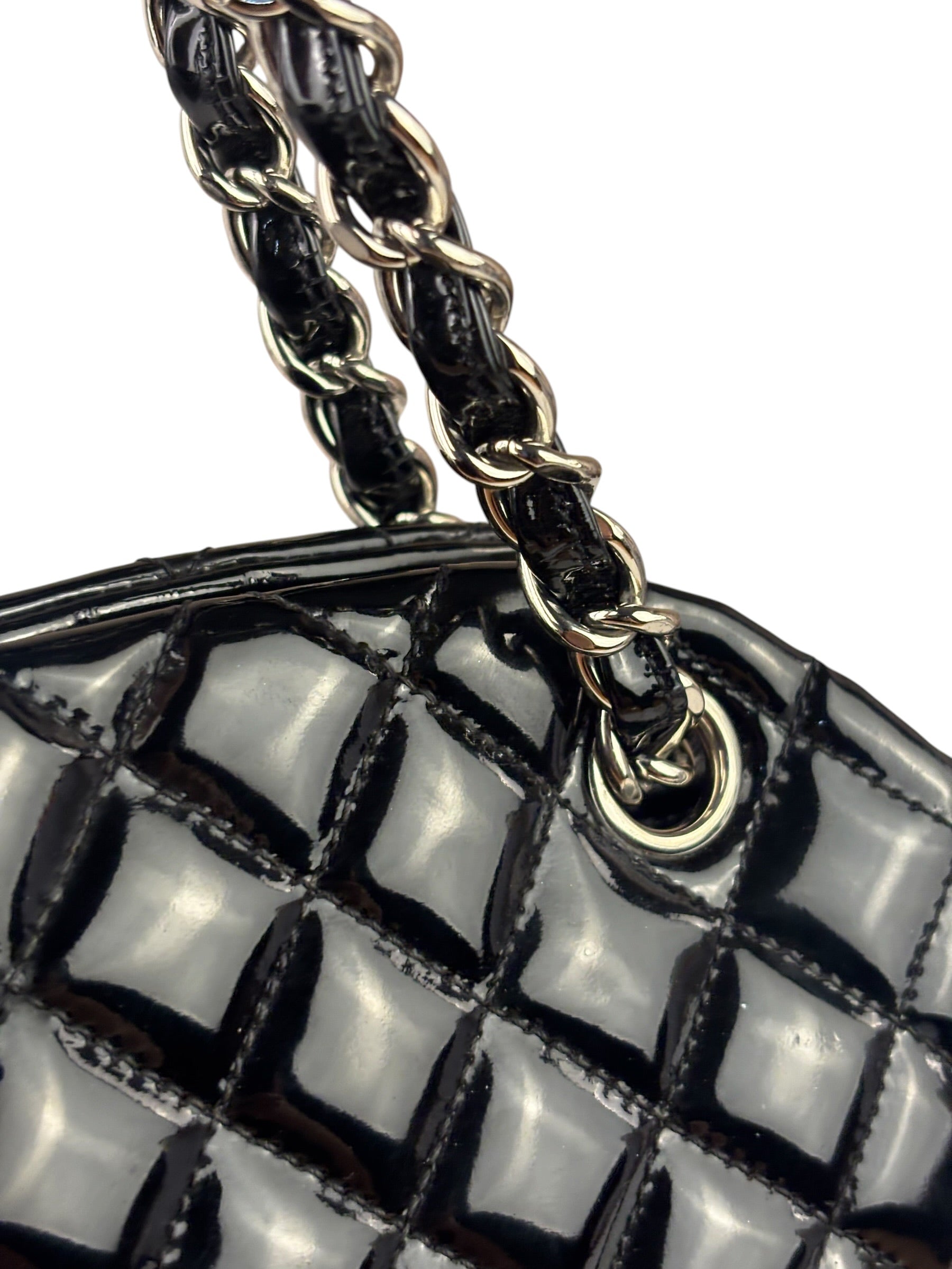 Chanel Large Black Patent Leather Mademoiselle Bowling Bag 2011-12