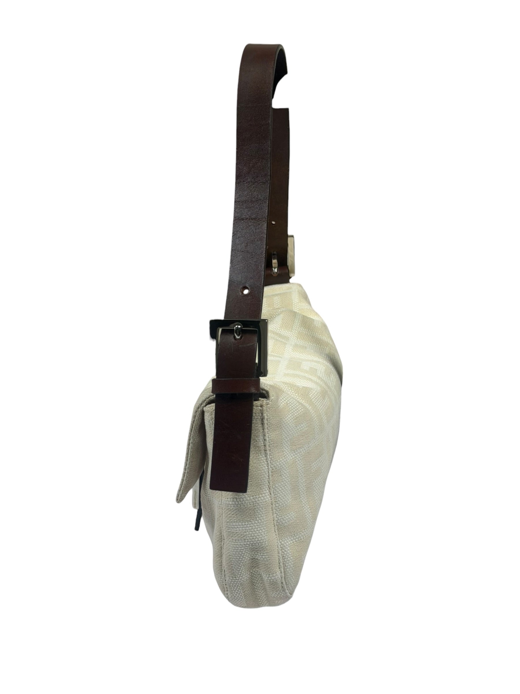 Fendi Cream/Brown Leather Trim Zucca Baguette