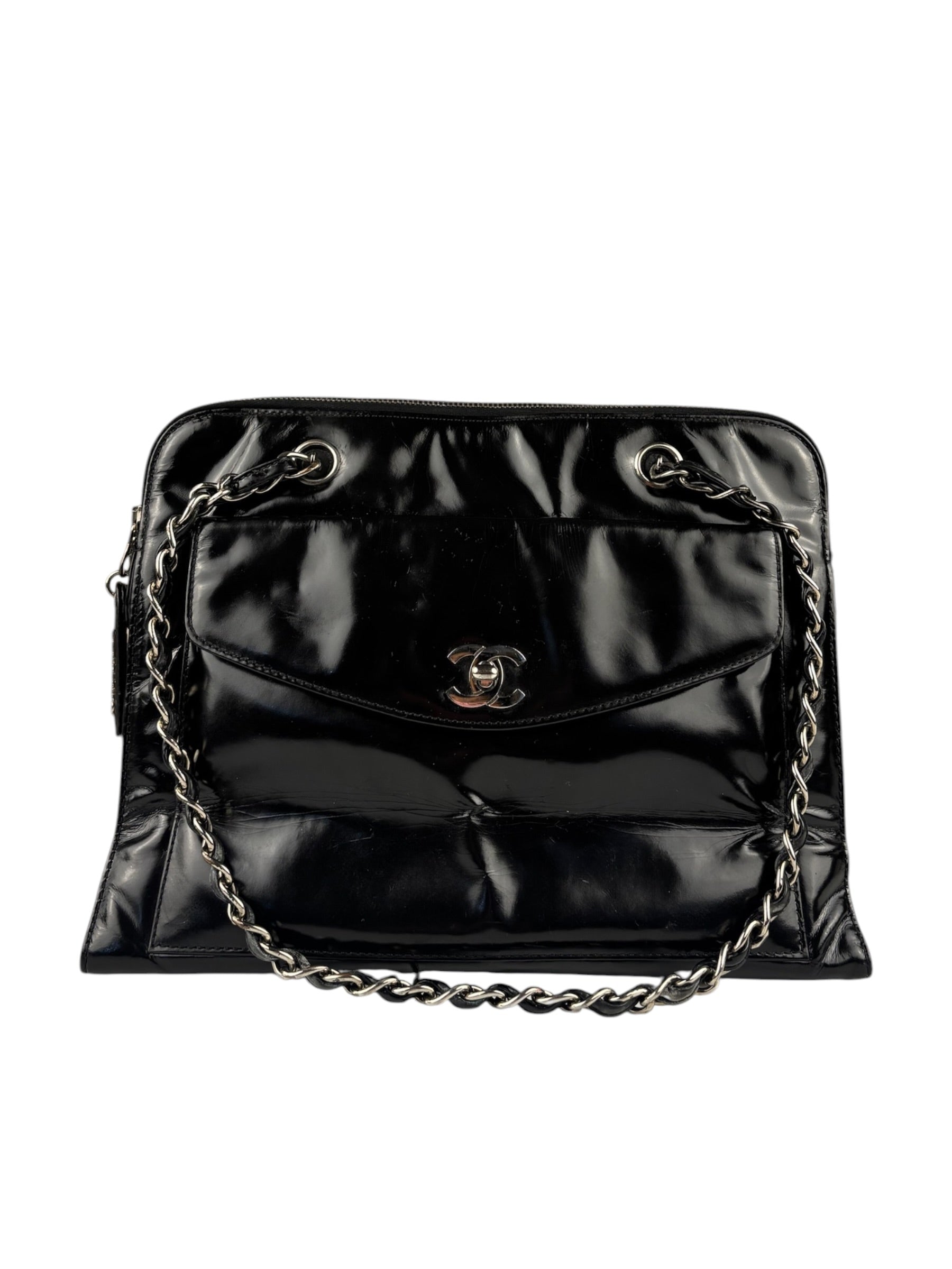 Chanel Vintage Black Patent Leather Envelope Chain Shoulder Bag 1998