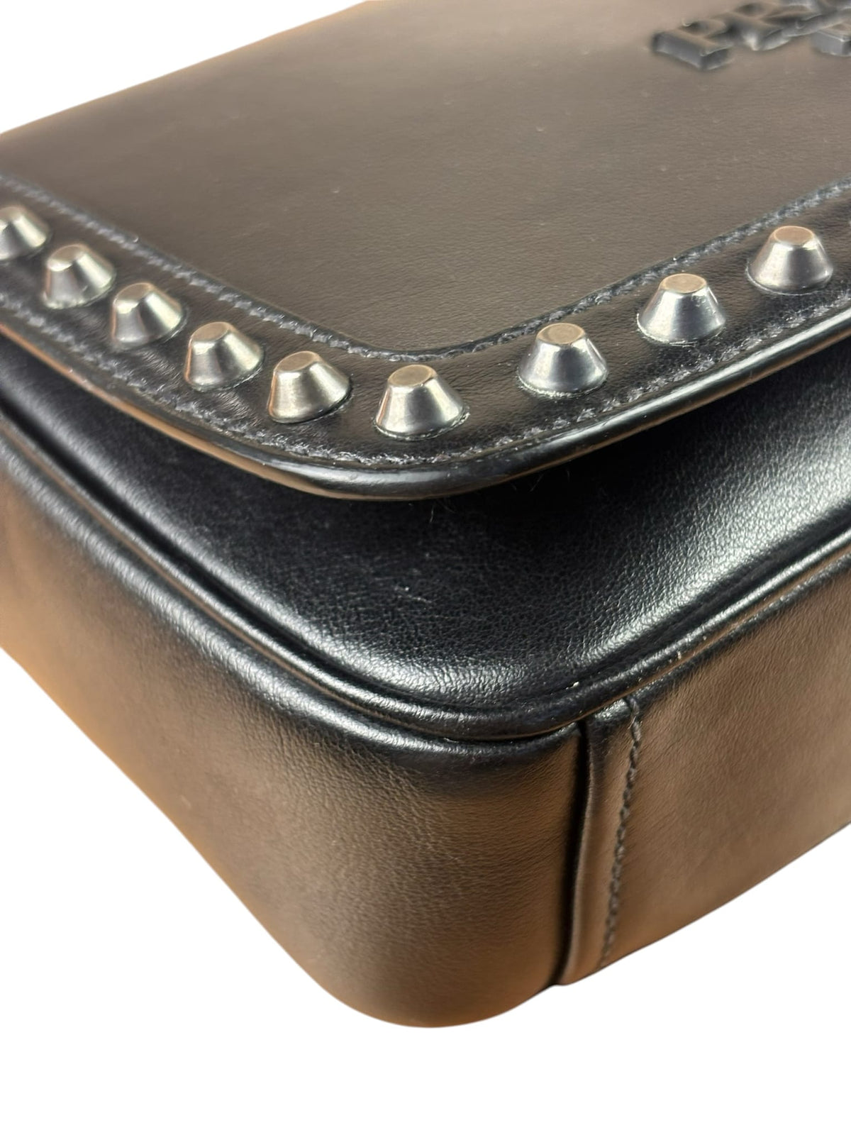 Prada Black Calfskin Studded Glace Flap Bag