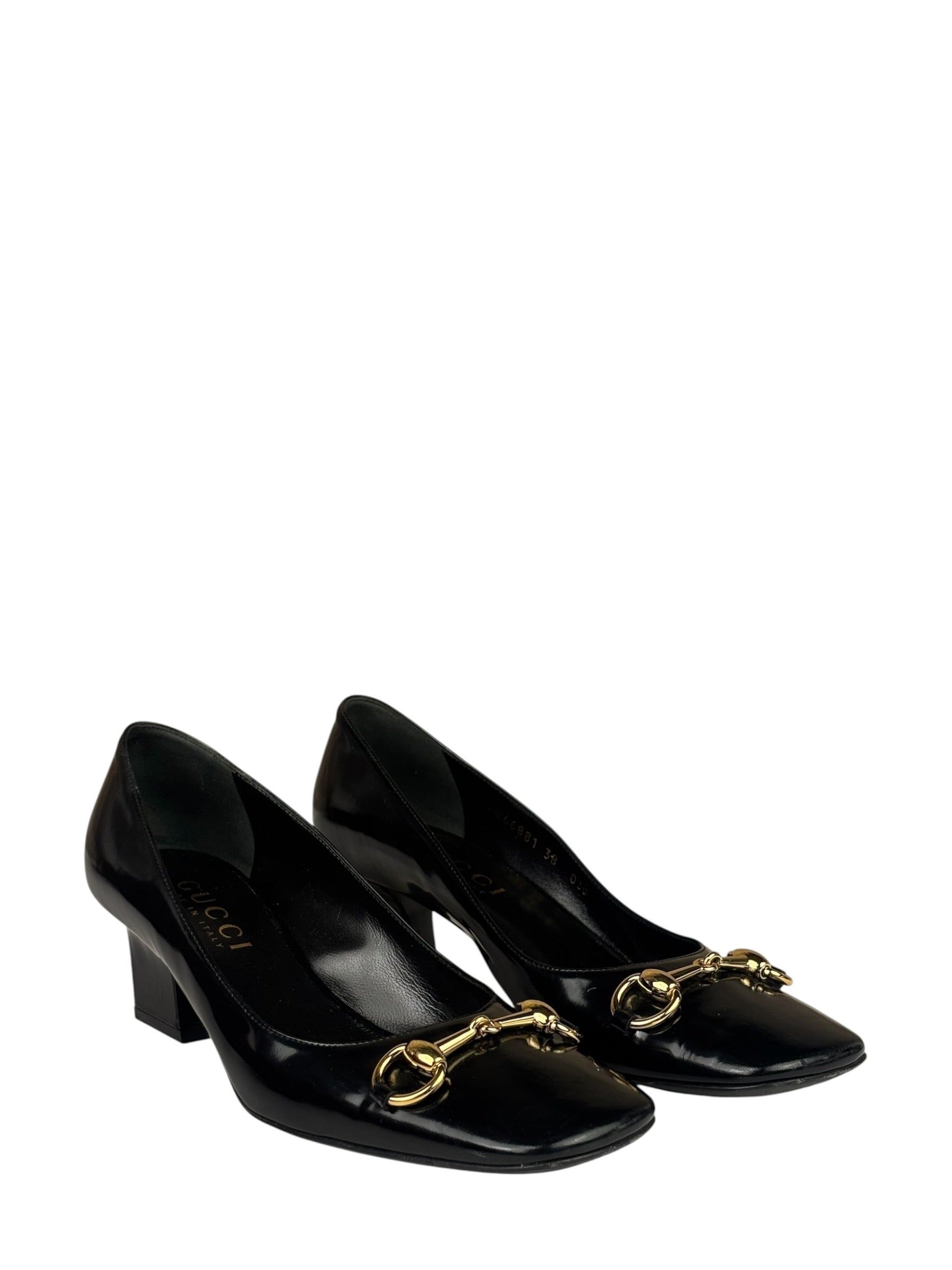 Gucci Women's Gold Horsebit Signora Black Leather Pumps