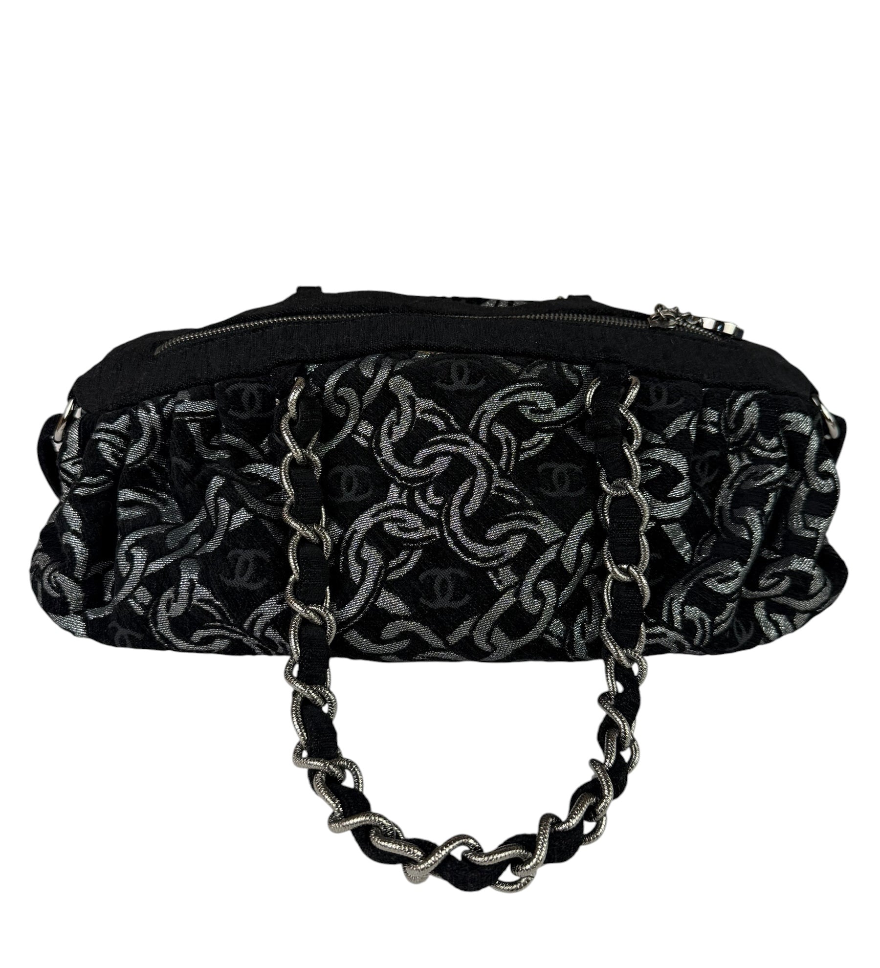 Chanel Black CC Jacquard Chain Silver Metallic Bowler Handbag 2005