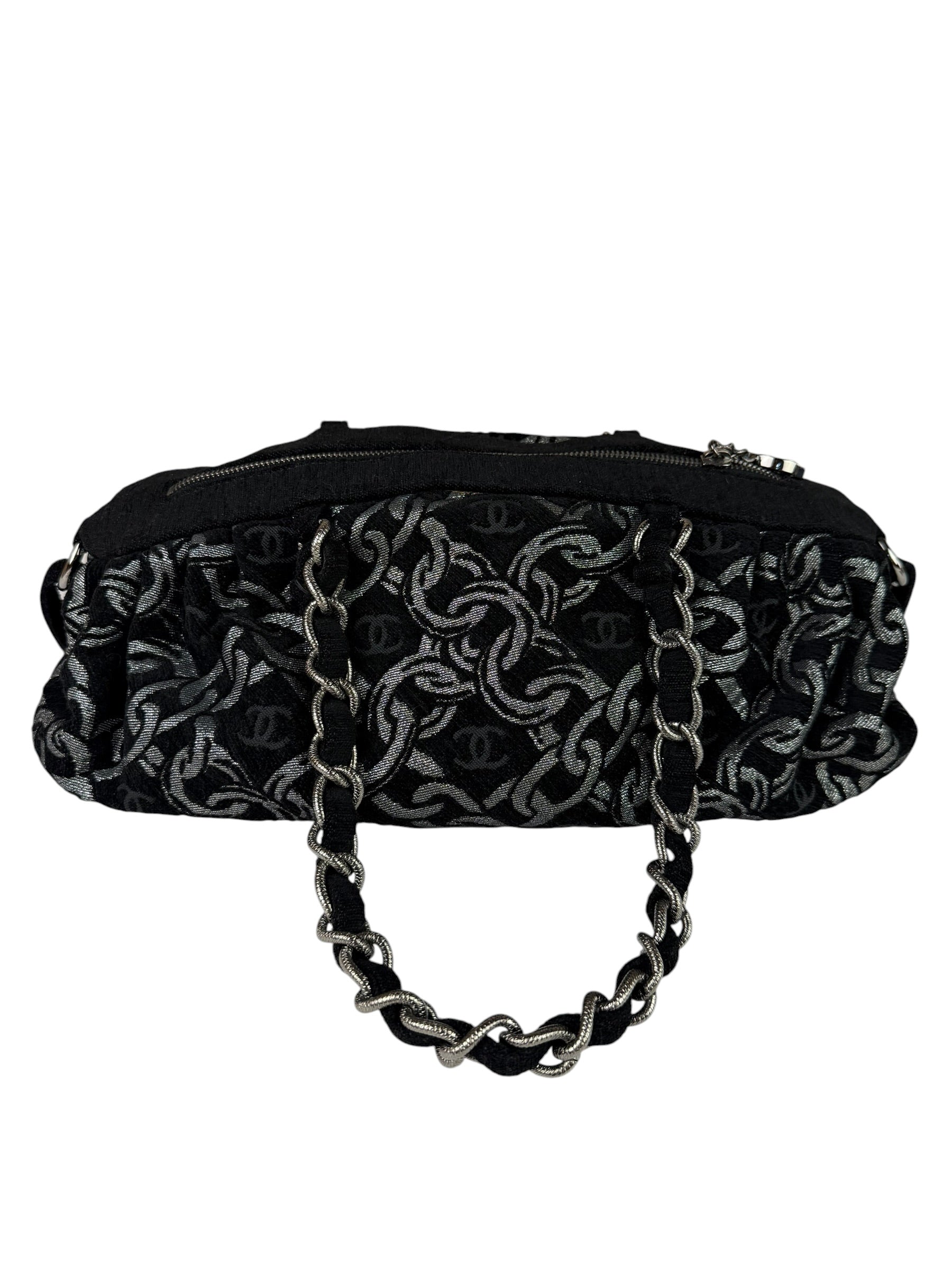 Chanel Black CC Jacquard Chain Silver Metallic Bowler Handbag 2005