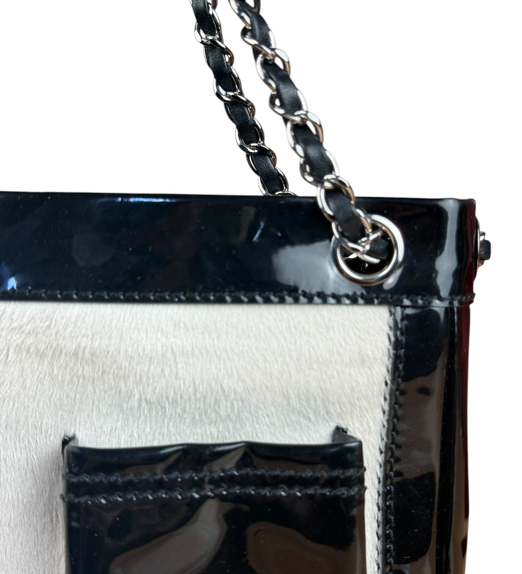 Chanel Vintage Black Patent Pony Hair Chain Pocket Tote 2005