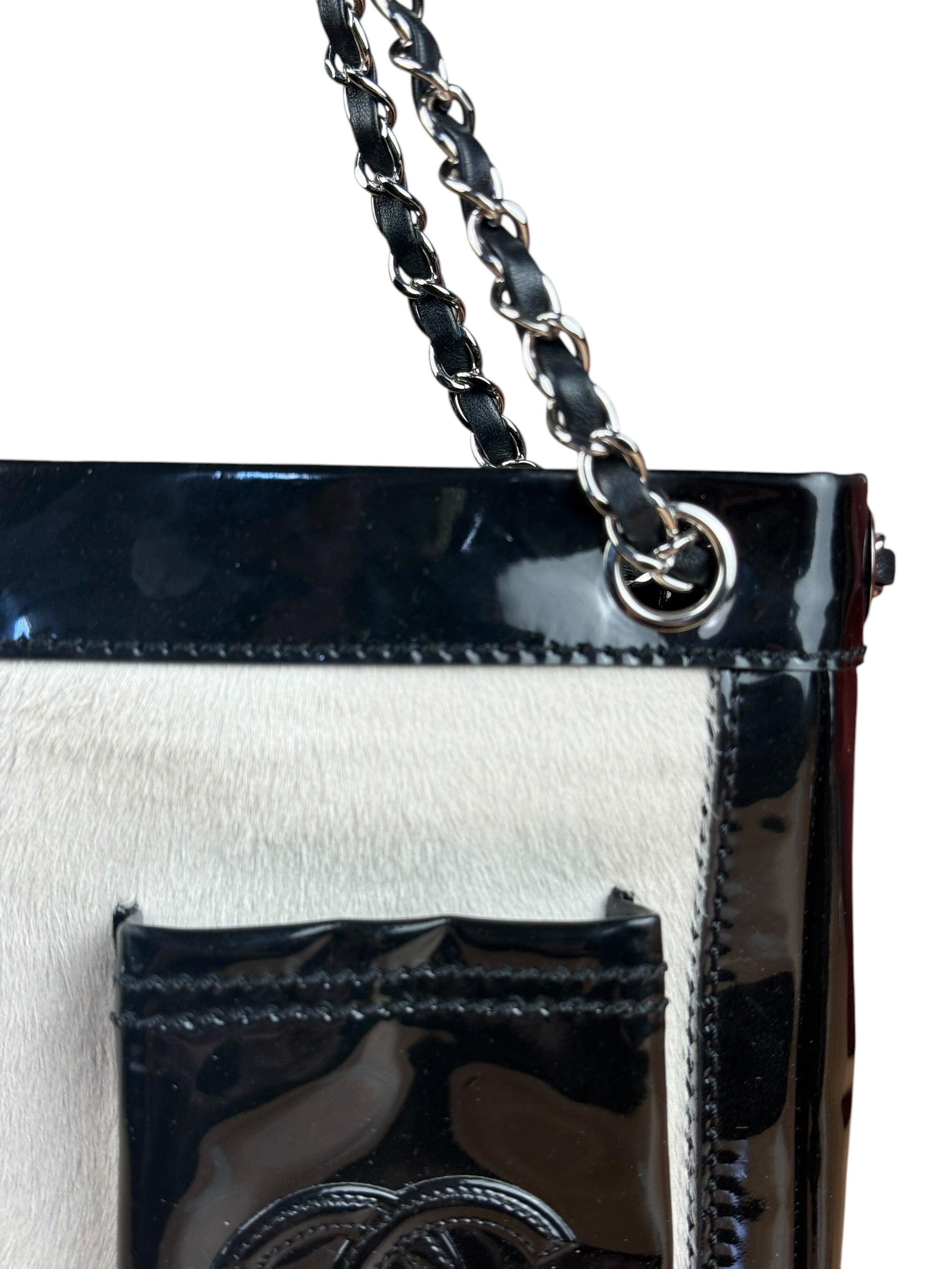 Chanel Vintage Black Patent Pony Hair Chain Pocket Tote 2005