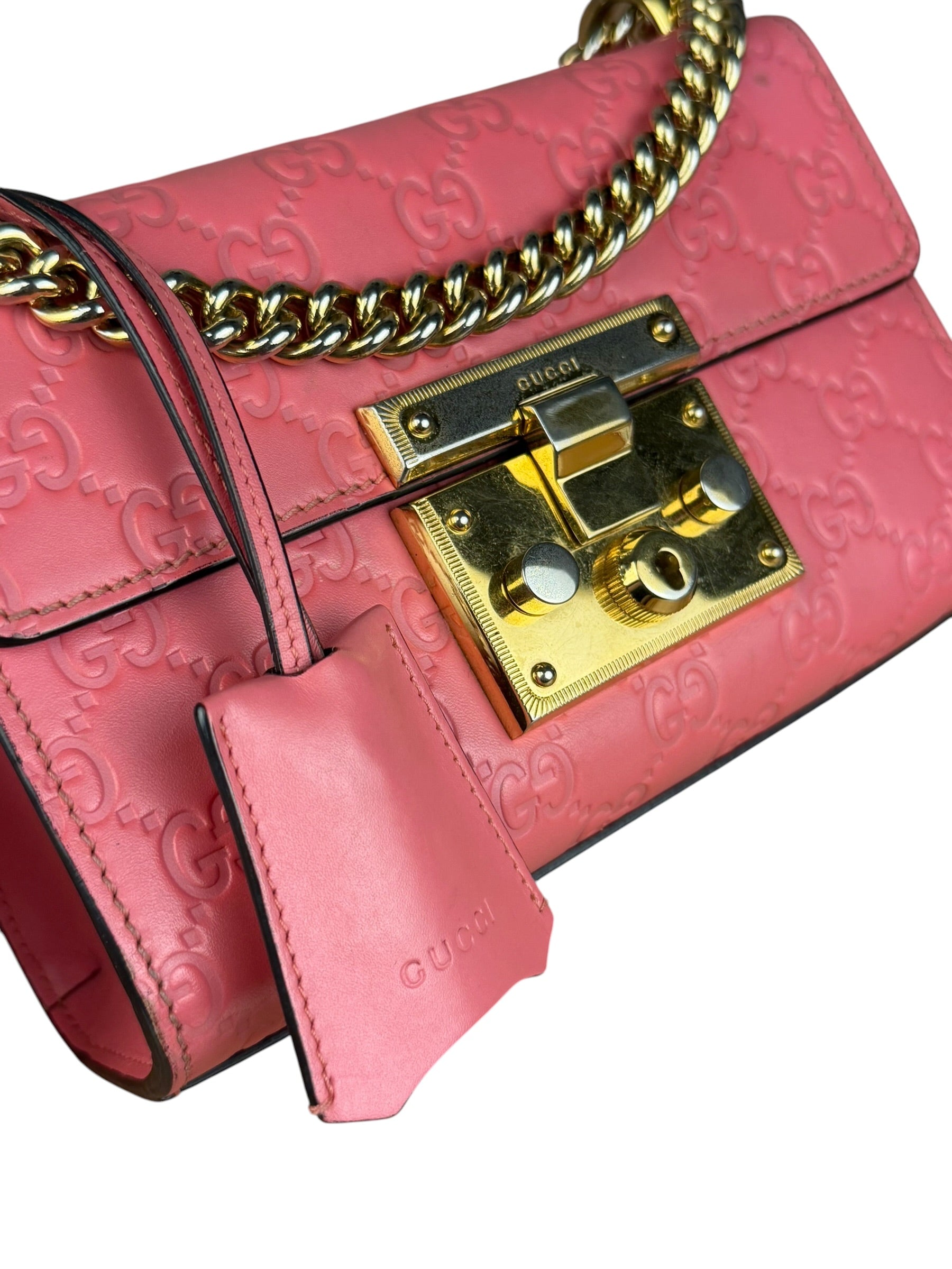 Gucci GG Pink Embossed Leather Small Padlock Chain Bag