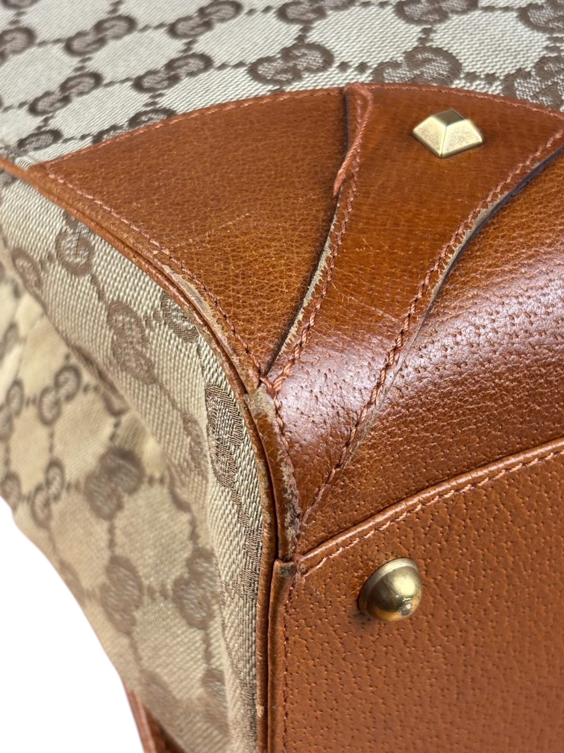 Gucci GG Brown Leather Trim Canvas Monogram Tote Bag