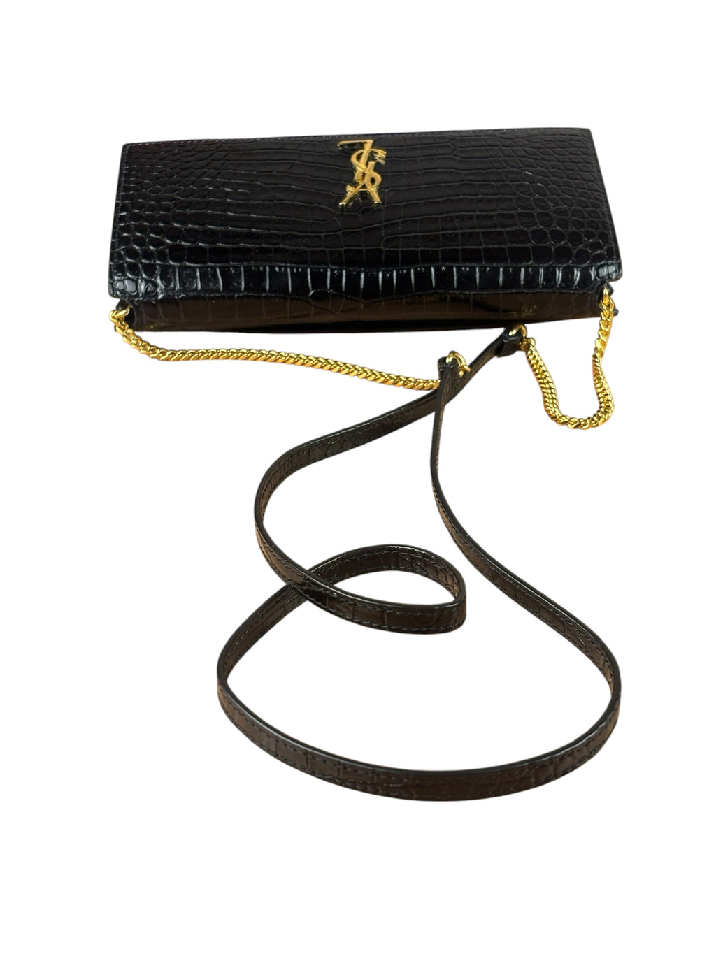 YSL Black Cocco Embossed Leather Print Phone Holder