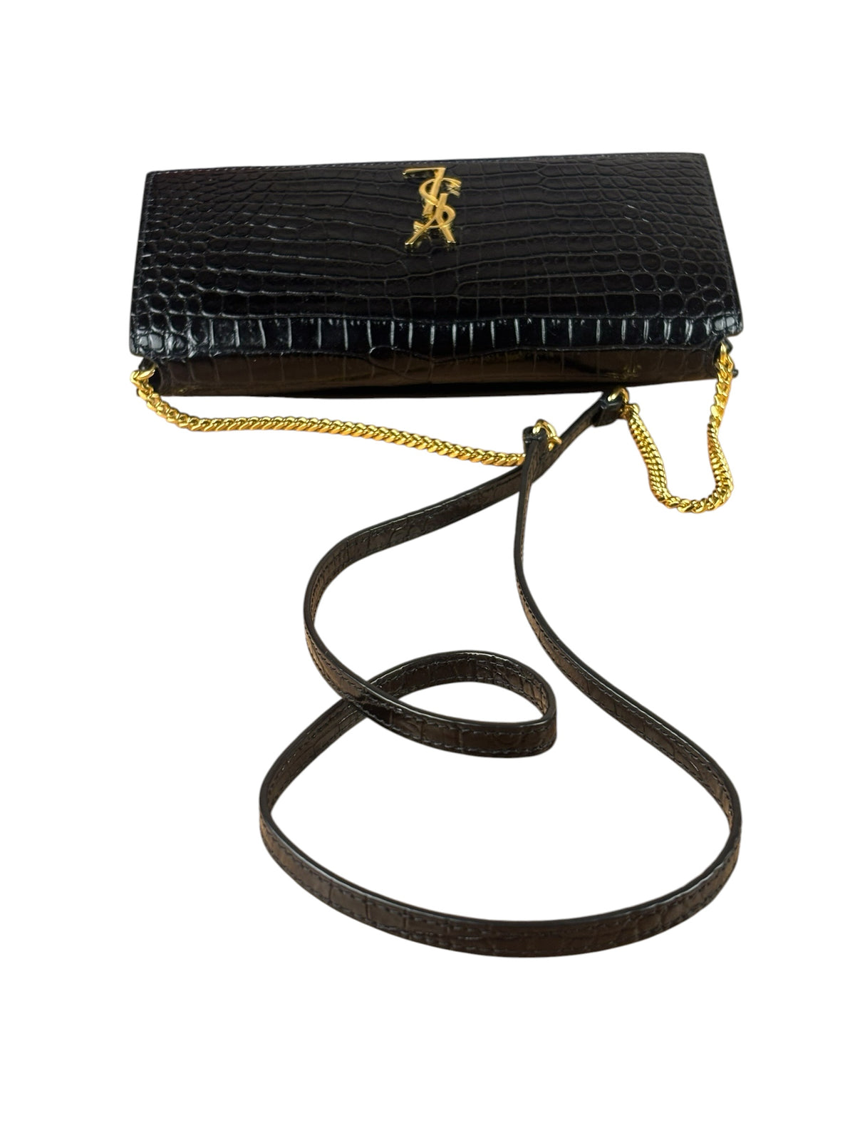 YSL Black Cocco Embossed Leather Print Phone Holder