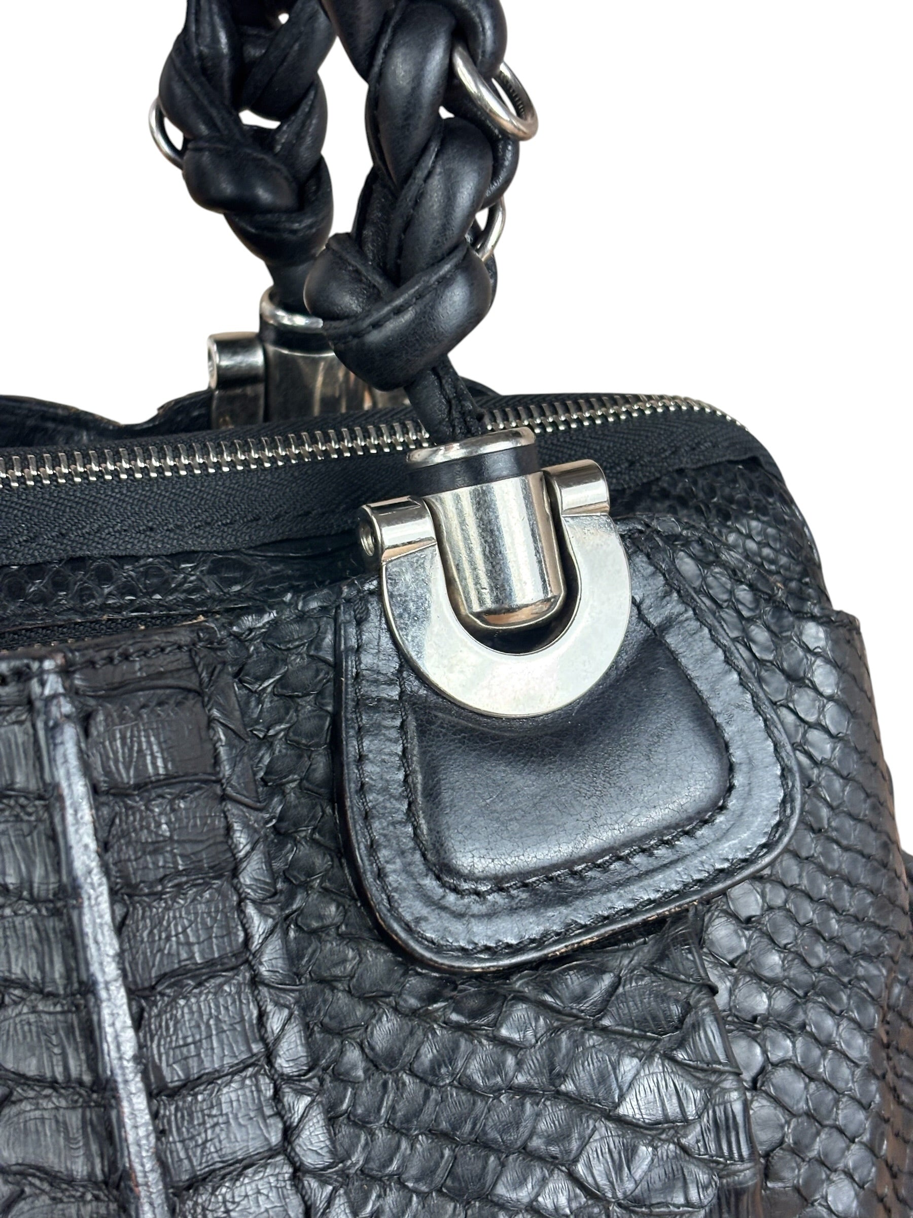 Chloé Vintage Black Leather Python Silverado Shoulder Bag