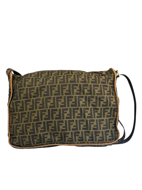 Fendi Zucca Print Brown Canvas Leather Trim Messenger Crossbody