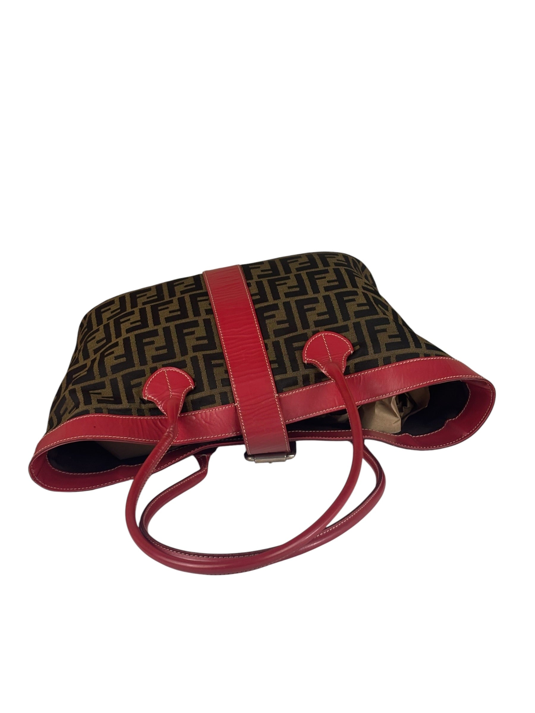 Fendi Beige/Red Leather Trim Zucca Buckle Tote