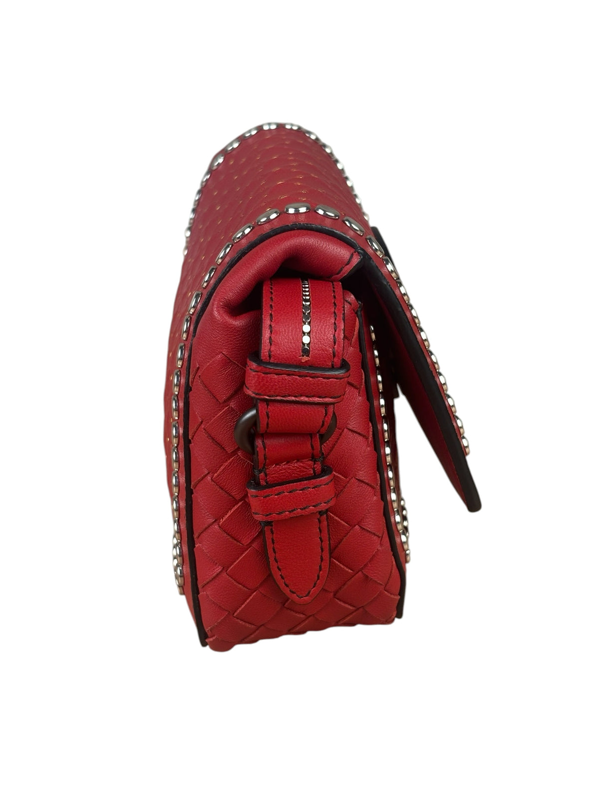 Bottega Veneta Red Leather Studded Intrecciato Flap Crossbody Bag