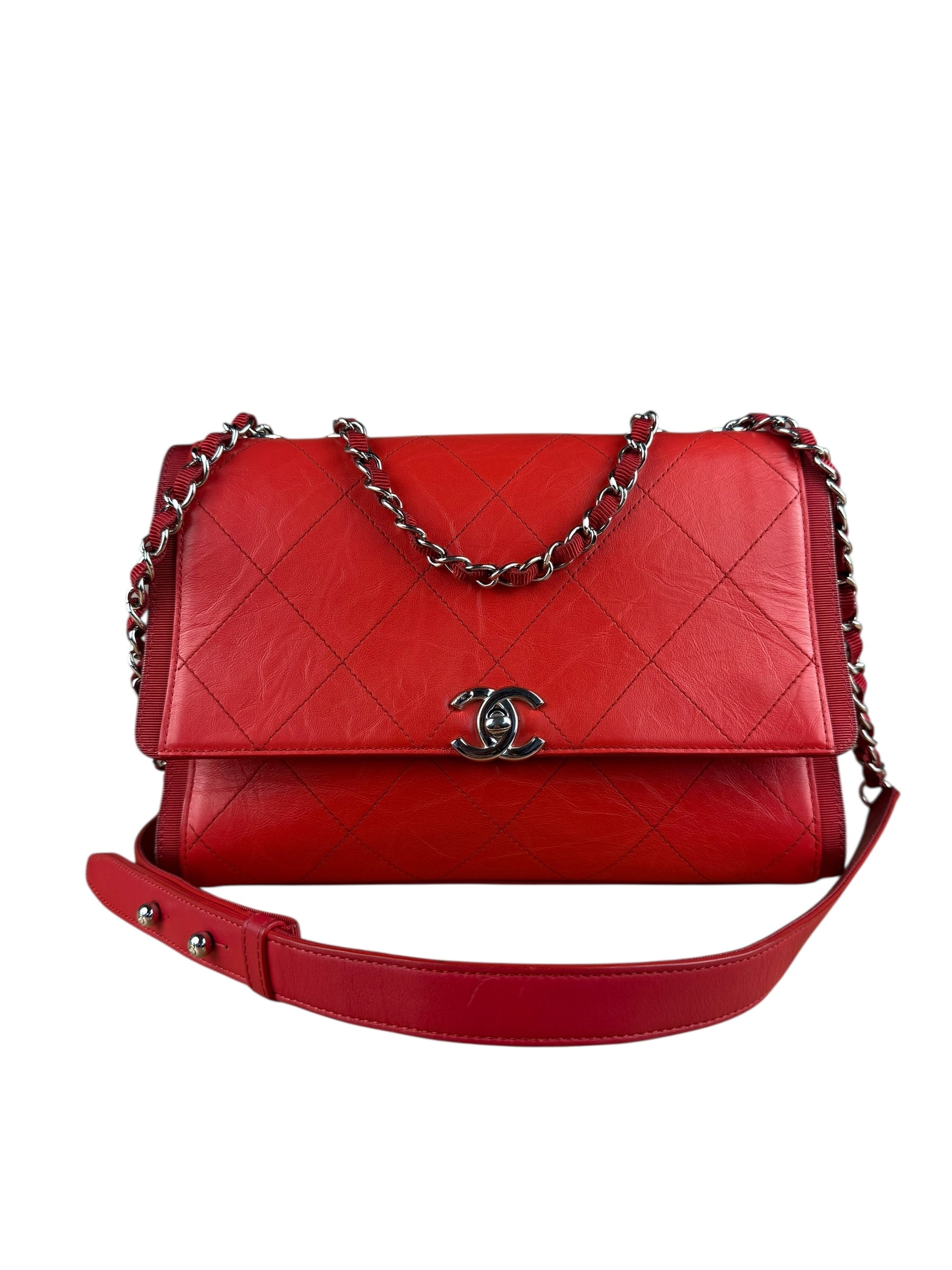 Chanel Red CC Quilted Crumpled Calfskin Flap Bag 2018