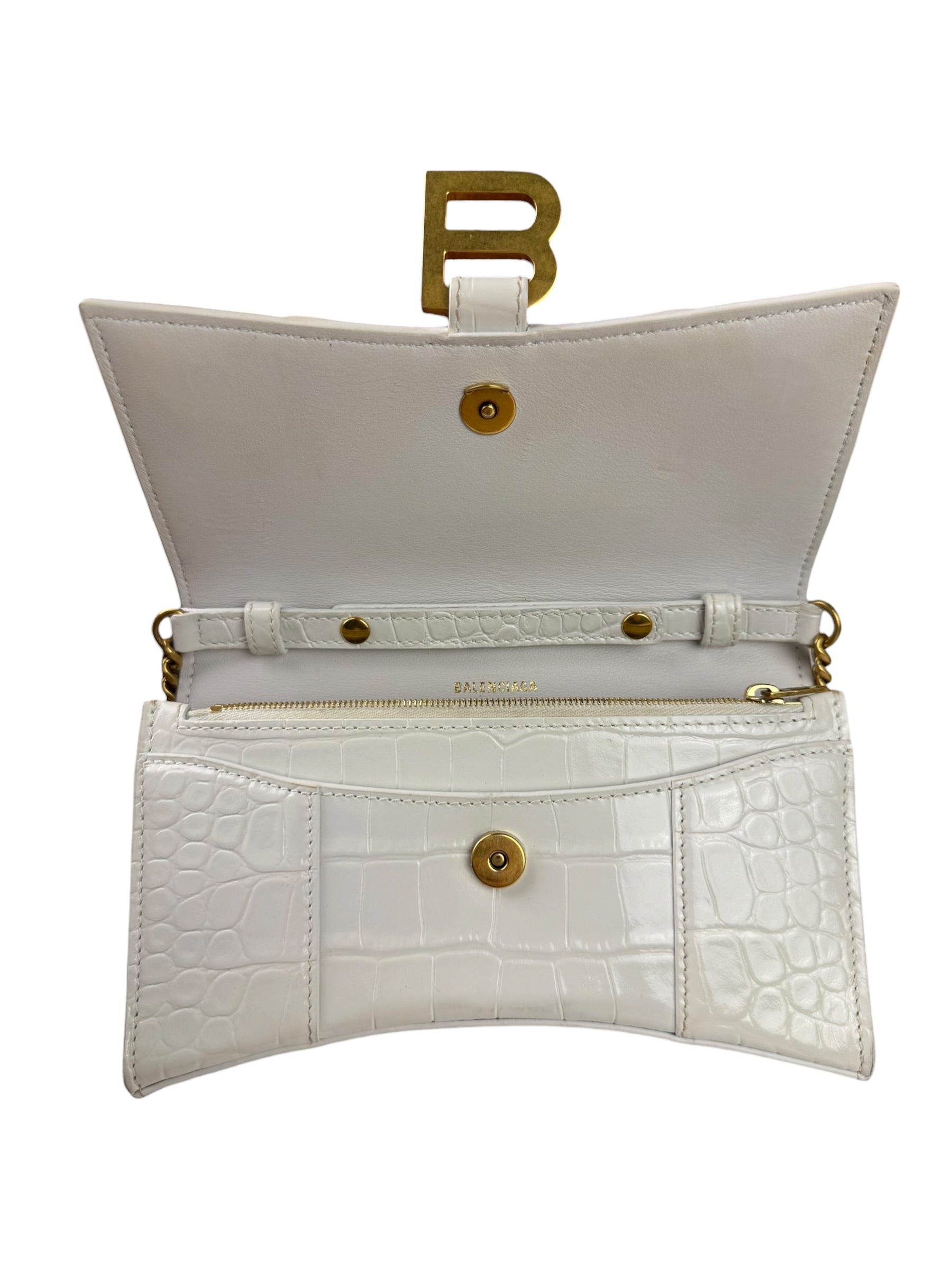 Balenciaga White Crocodile Embossed Hourglass Wallet On Chain